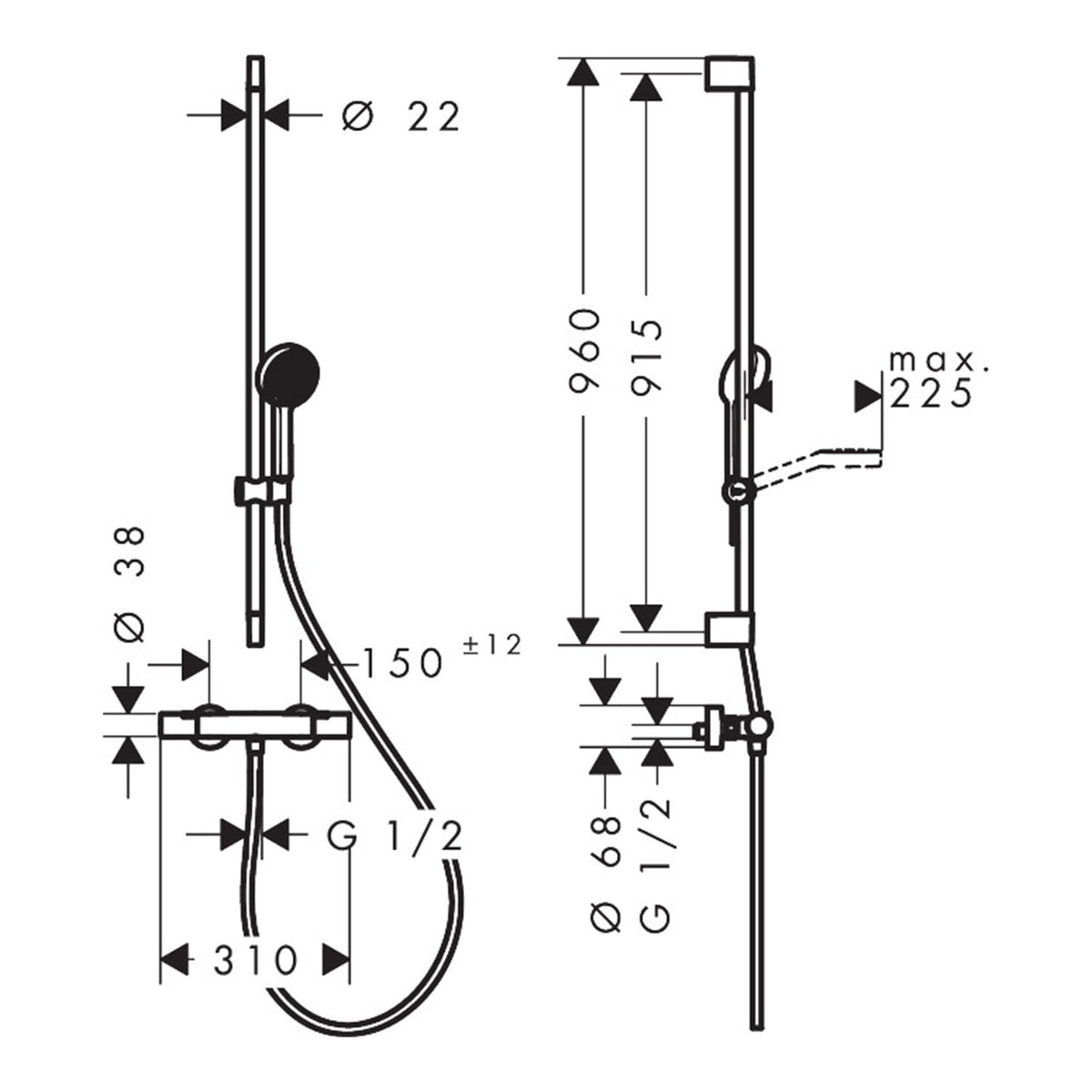 Hansgrohe Activera Select S Shower system for exposed installation 95 2jet EcoSmart with Ecostat Fine and shower bar 90 cm 28086000 technical 01.jpg