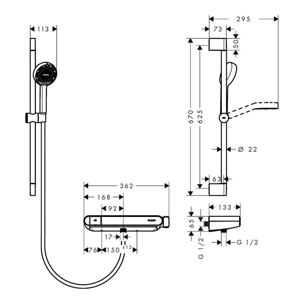 Hansgrohe Activera Select S Shower system for exposed installation 95 2jet EcoSmart with ShowerTablet Select 360 and shower bar 65 cm 28087000 technical 01.jpg