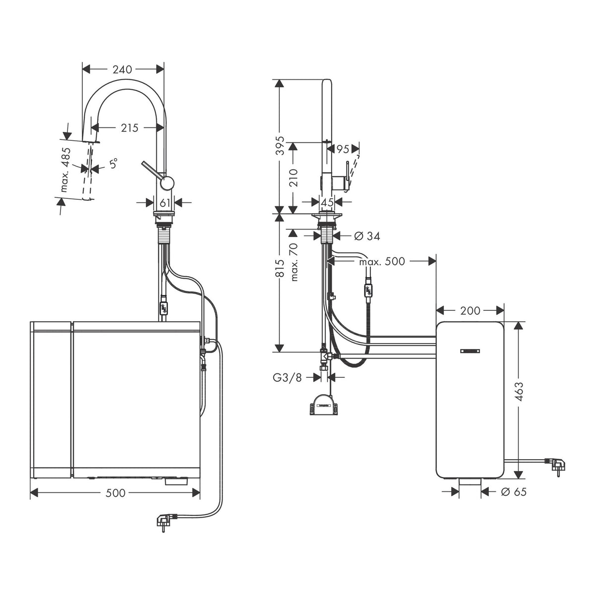 Hansgrohe Aqittura M91 SodaSystem 210 pull out spout 1jet sBox lite starter set 76839000 technical 01.jpg