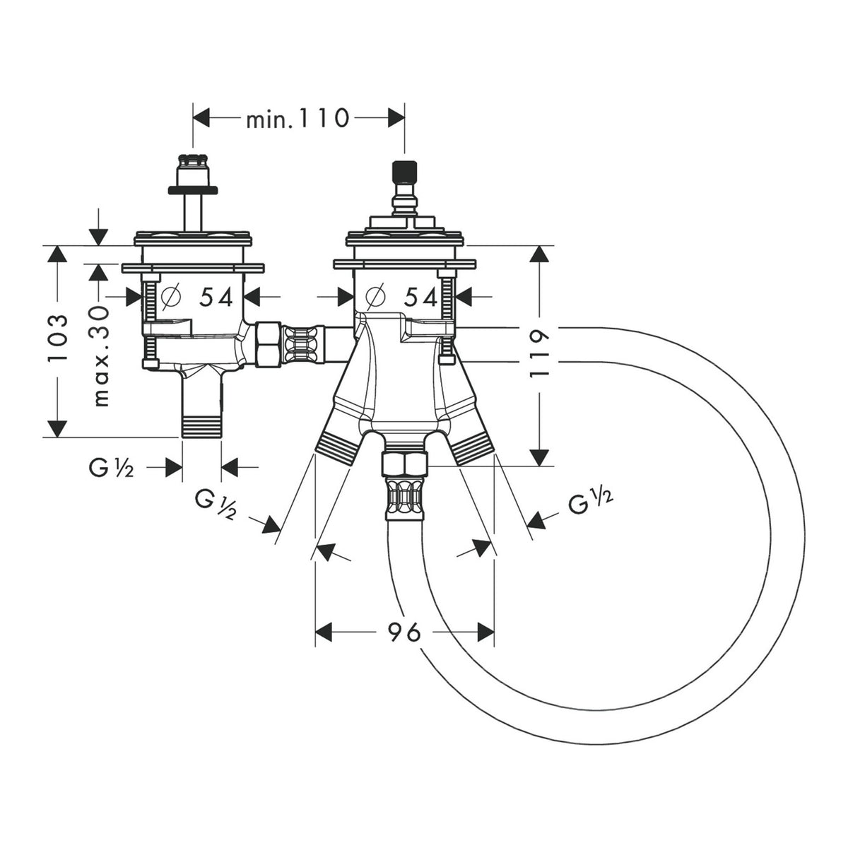 Hansgrohe Basic set for 2 hole rim mounted thermostat 13550180 technical 01.jpg