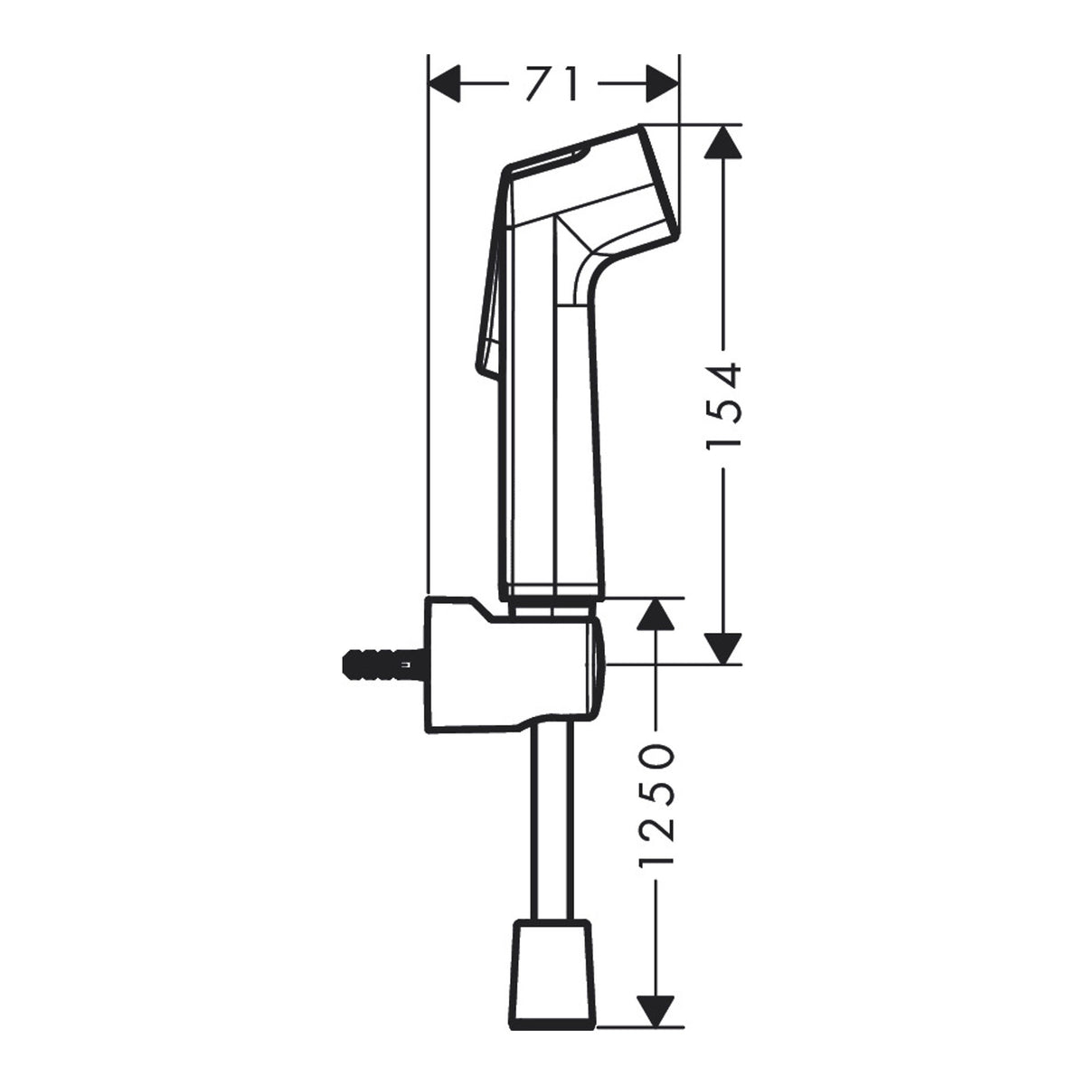 Hansgrohe Bidette hand shower 1jet S EcoSmart with shower holder and pressure resistant shower hose 125 cm Scale drawing / שרטוט מידות