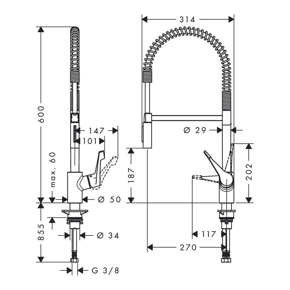 Hansgrohe Cento Single lever kitchen mixer XXL Semi Pro 2jet 14806000 technical 01.jpg