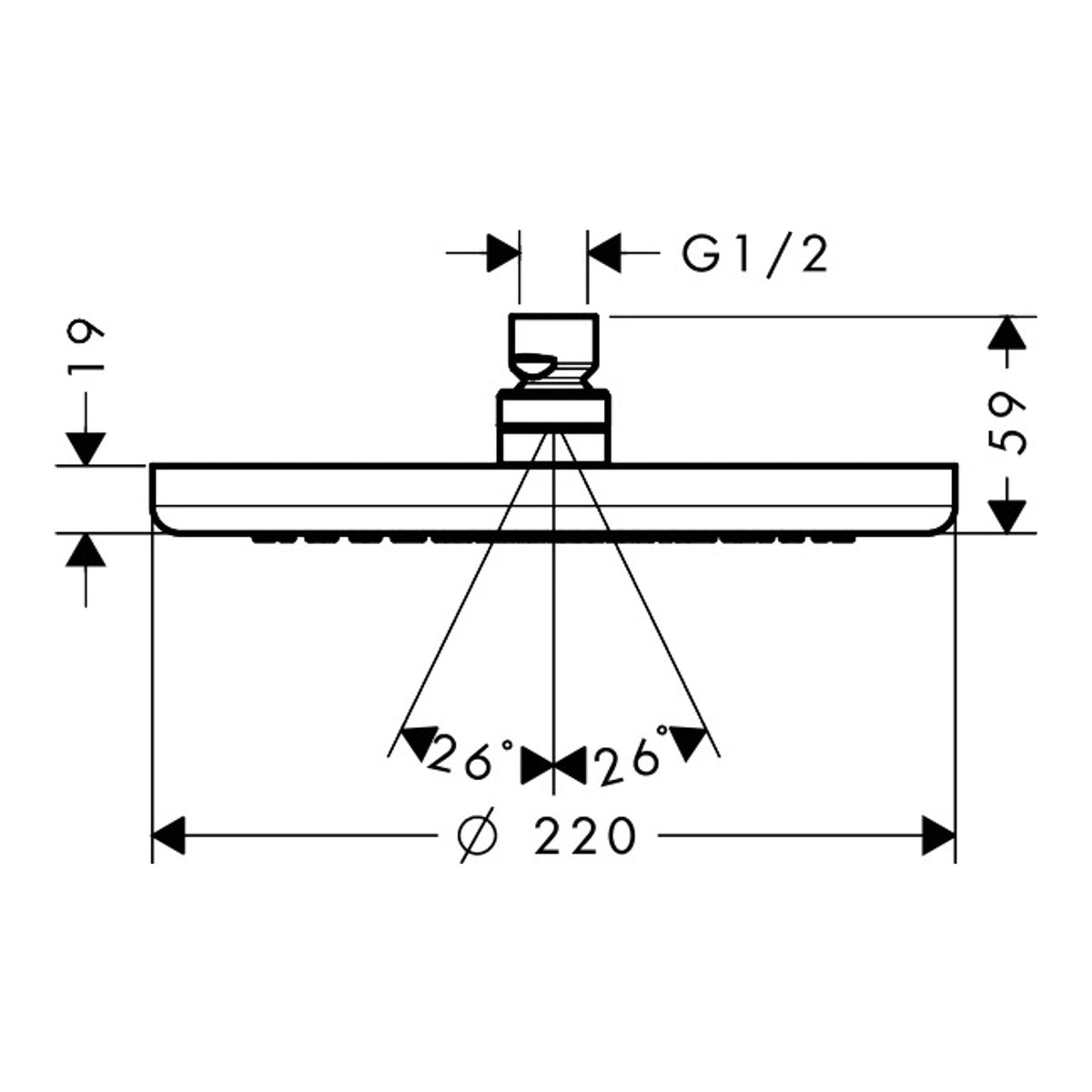 Hansgrohe Croma Overhead shower 220 1jet EcoSmart Scale drawing / שרטוט מידות
