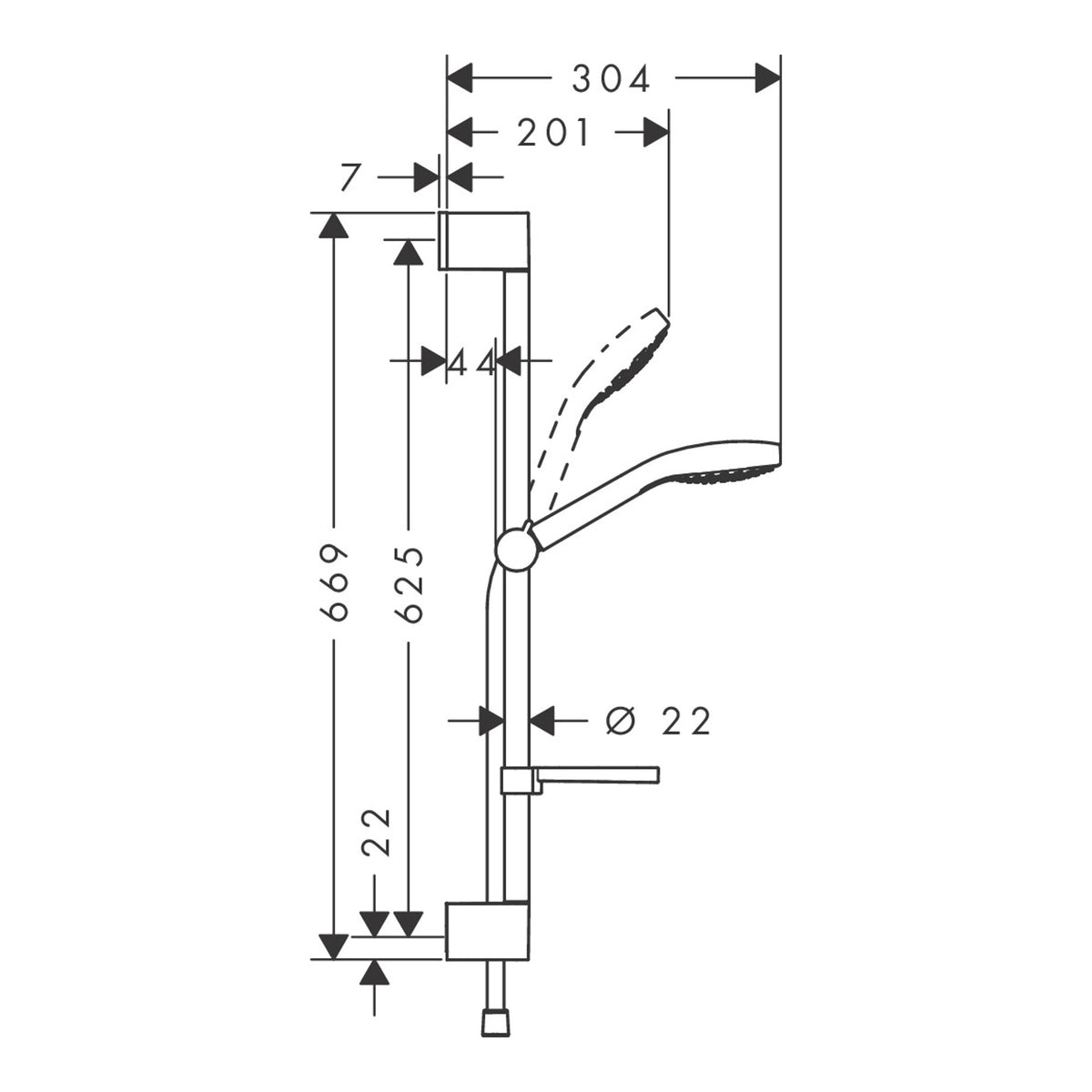 Hansgrohe Croma Select E Shower set 110 Vario EcoSmart with shower bar 65 cm and soap dish Scale drawing / שרטוט מידות