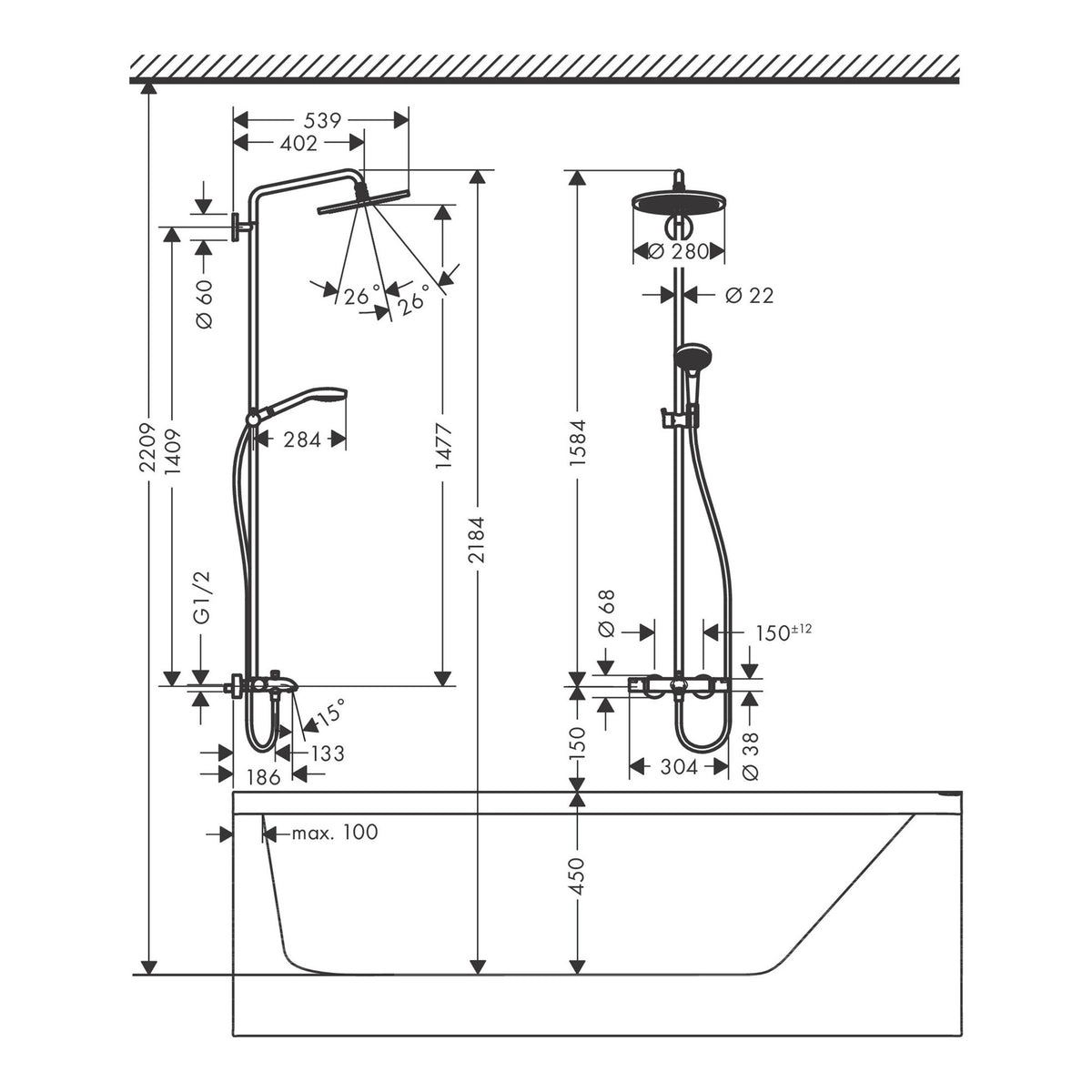 Hansgrohe Croma Select S Showerpipe 280 1jet with bath thermostat 26792000 technical 02.jpg