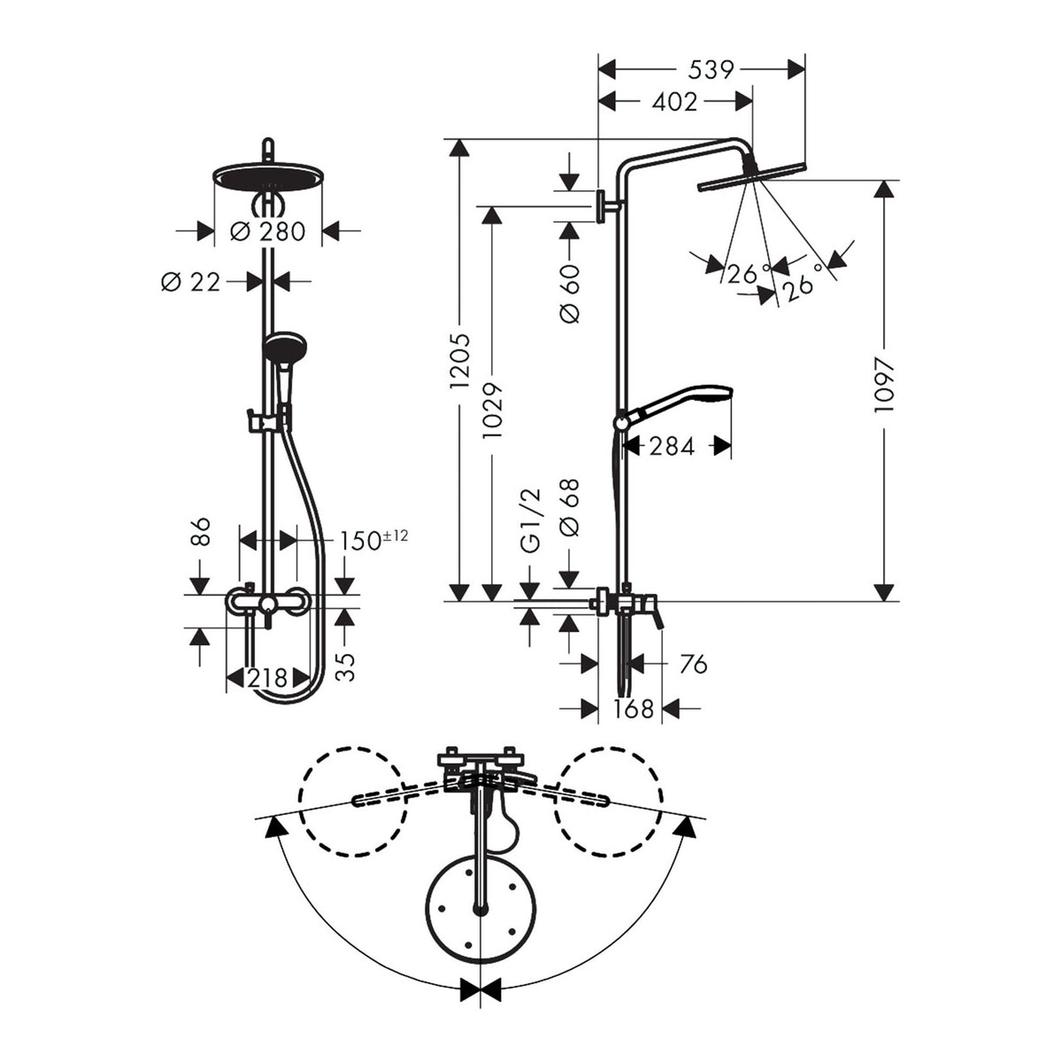 Hansgrohe Croma Select S Showerpipe 280 1jet with single lever mixer 26791000 technical 01.jpg