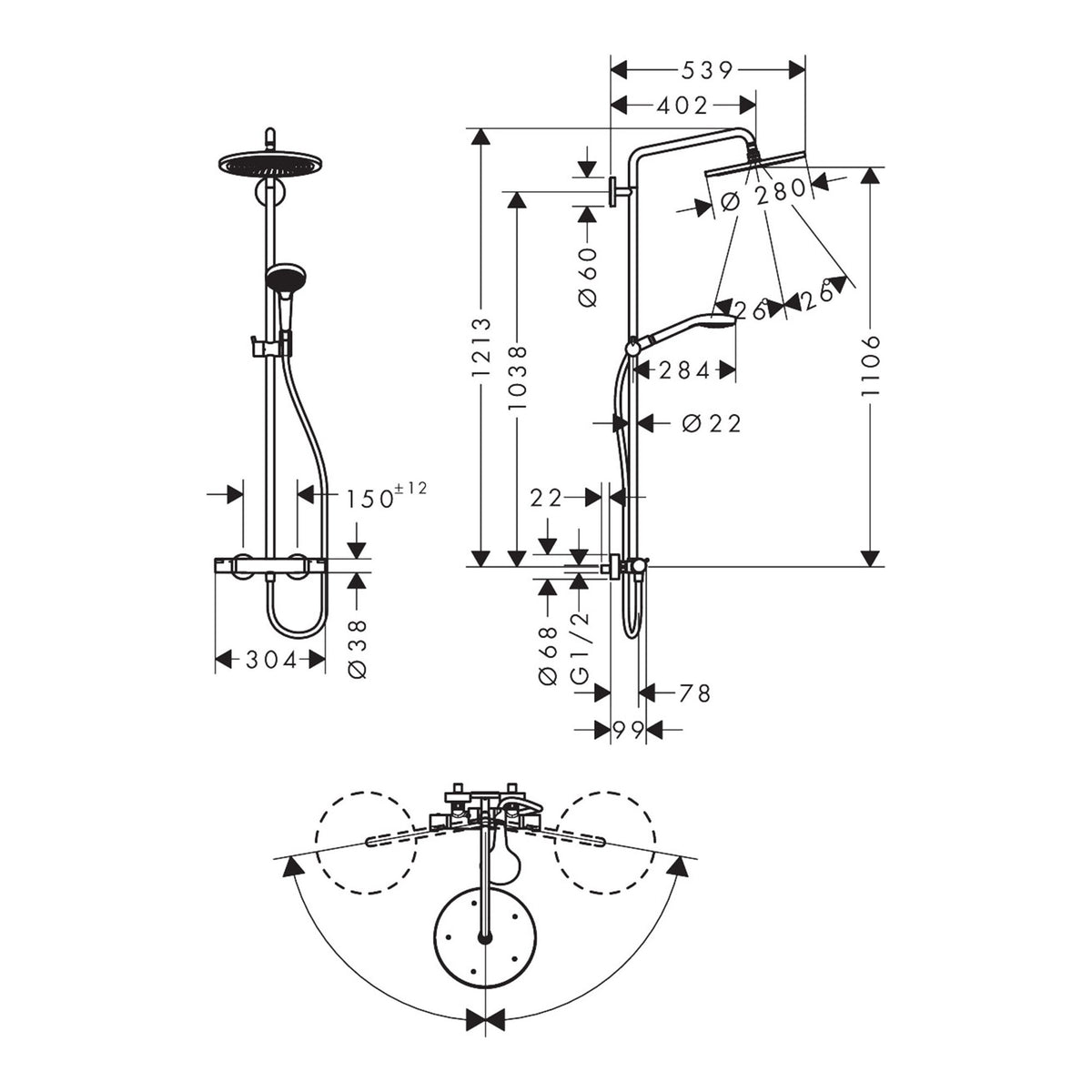 Hansgrohe Croma Select S Showerpipe 280 1jet with thermostat 26790000 technical 01.jpg
