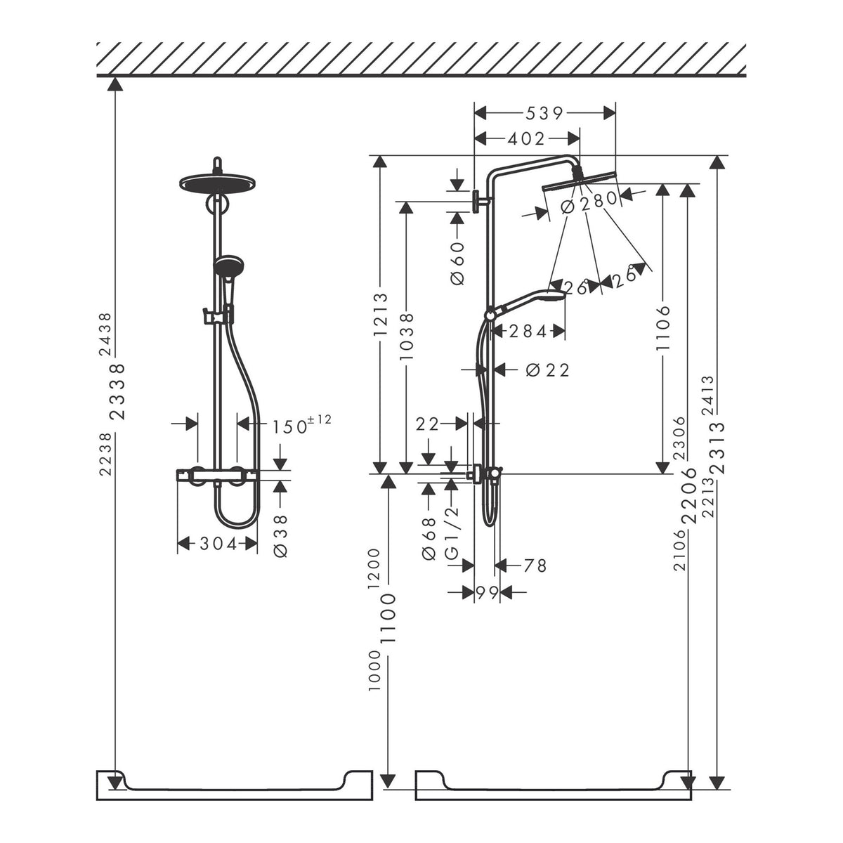 Hansgrohe Croma Select S Showerpipe 280 1jet with thermostat and hand shower Raindance Select S 120 3jet 26890340 technical 02.jpg