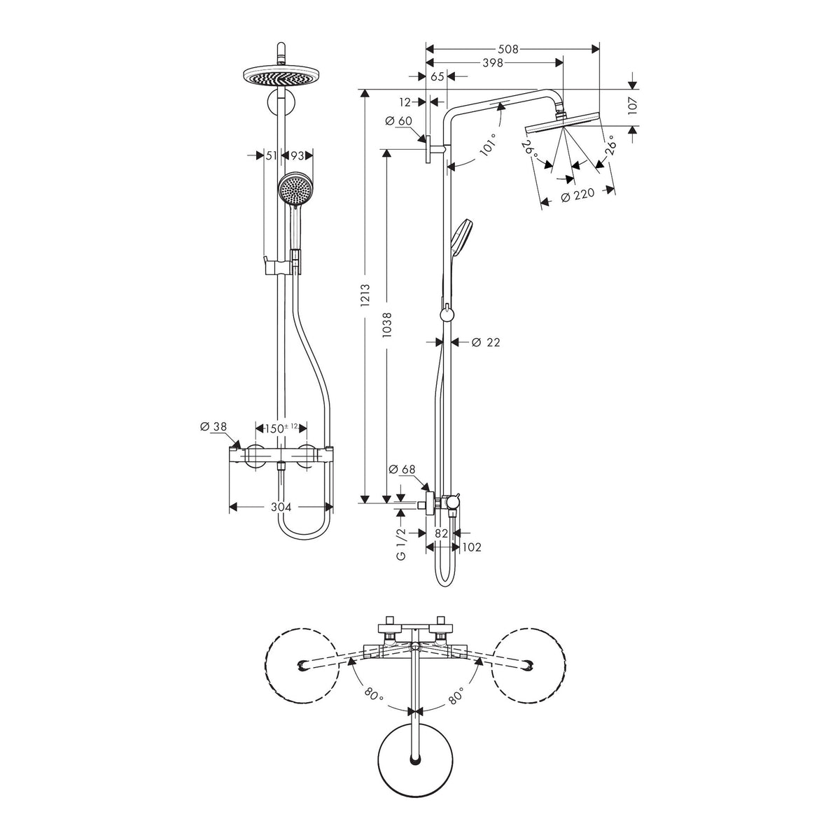 Hansgrohe Croma Showerpipe 220 1jet EcoSmart with thermostat 27188000 technical 01.jpg