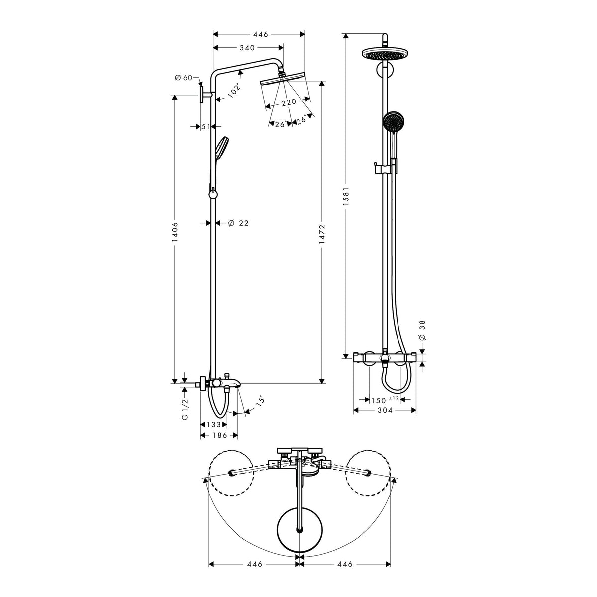 Hansgrohe Croma Showerpipe 220 1jet with bath thermostat 27223000 technical 02.jpg