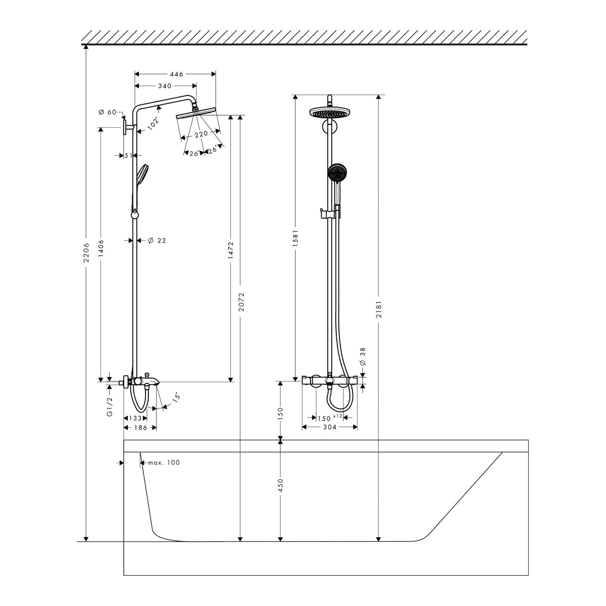 Hansgrohe Croma Showerpipe 220 1jet with bath thermostat Installation example