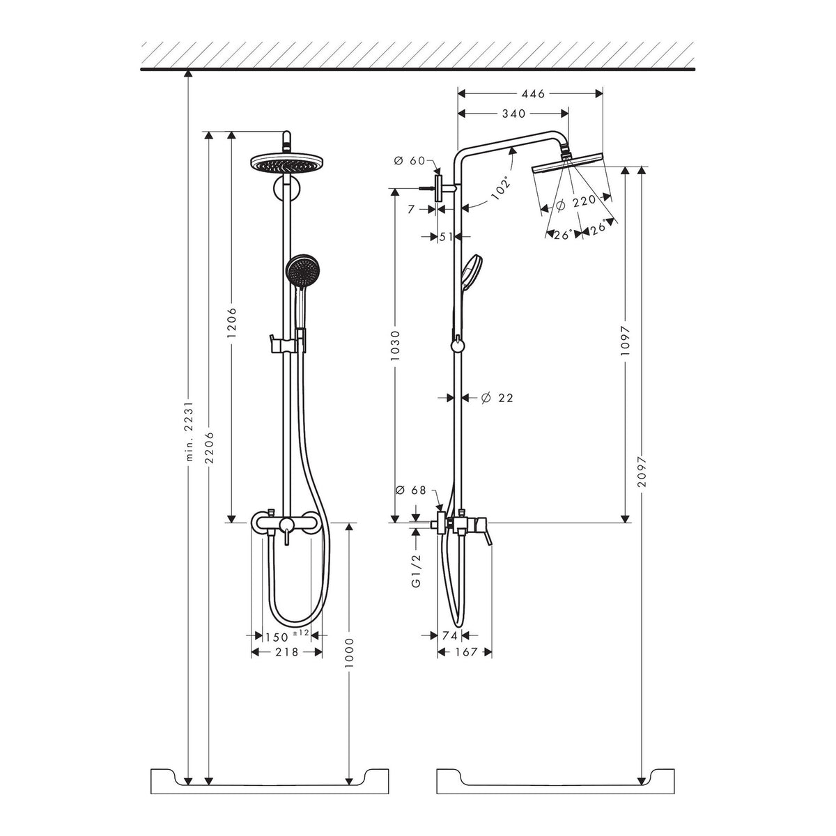 Hansgrohe Croma Showerpipe 220 1jet with single lever mixer 27222000 technical 02.jpg