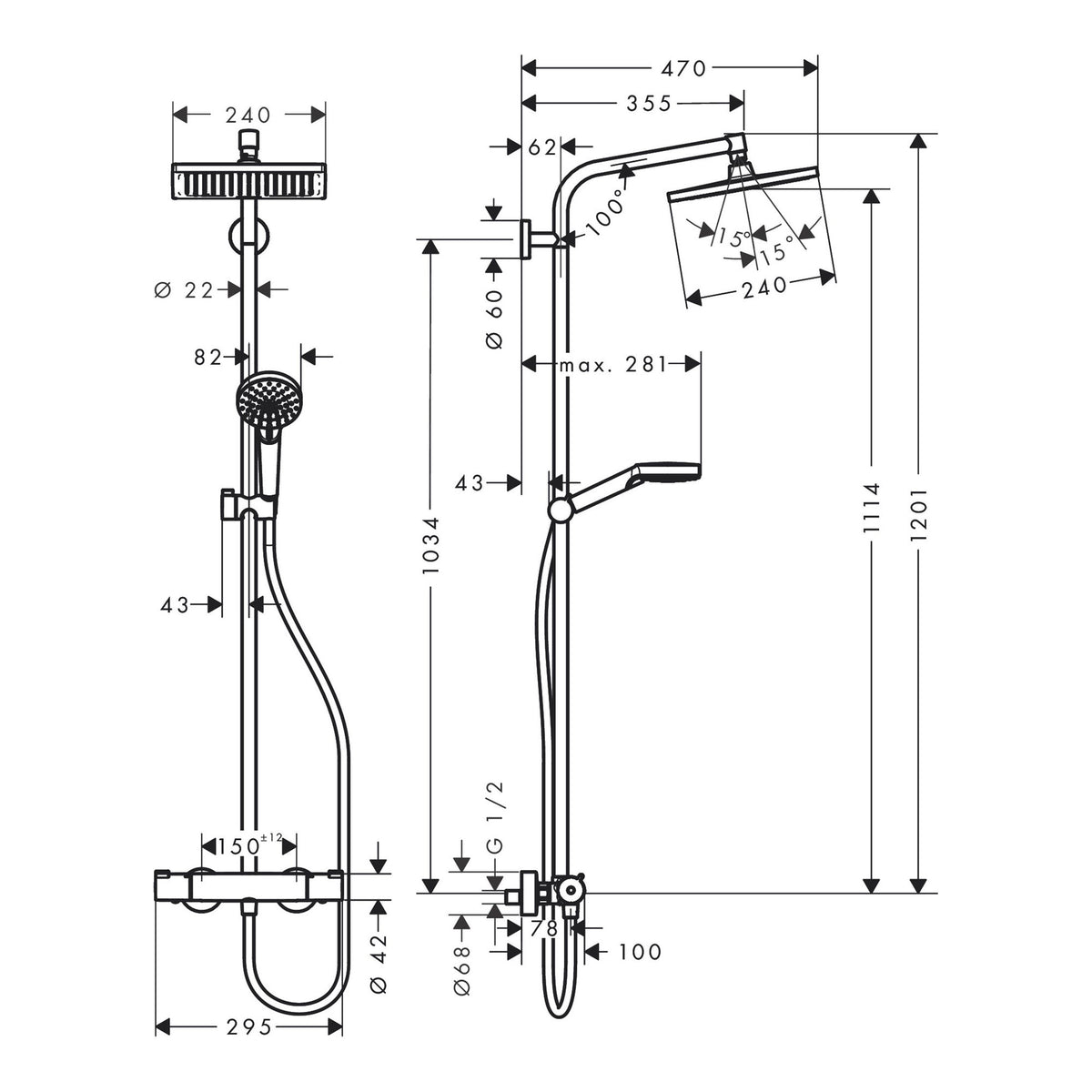 Hansgrohe Crometta E Showerpipe 240 1jet EcoSmart with thermostat 27281000 technical 01.jpg
