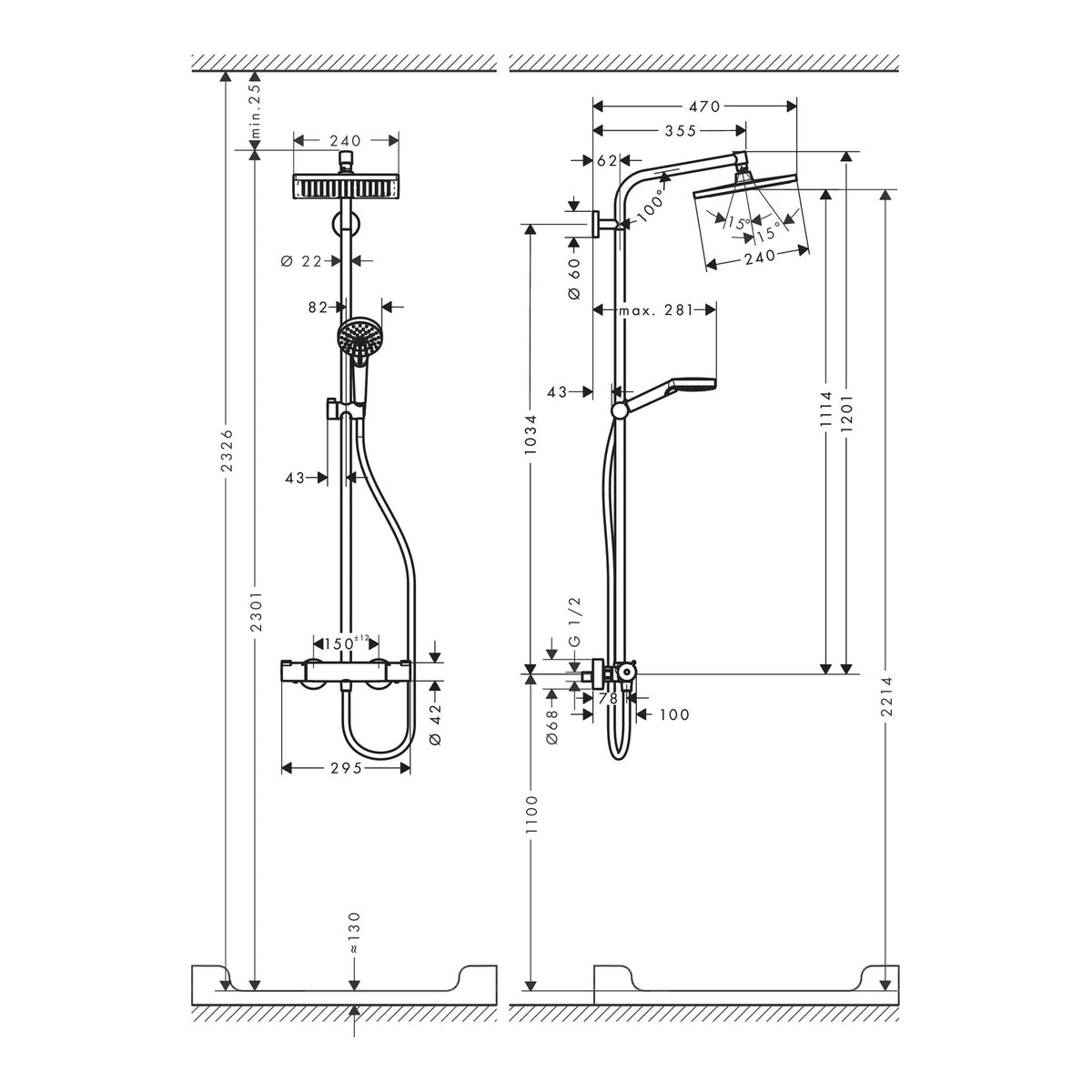 Hansgrohe Crometta E Showerpipe 240 1jet with thermostat 27271000 technical 02.jpg