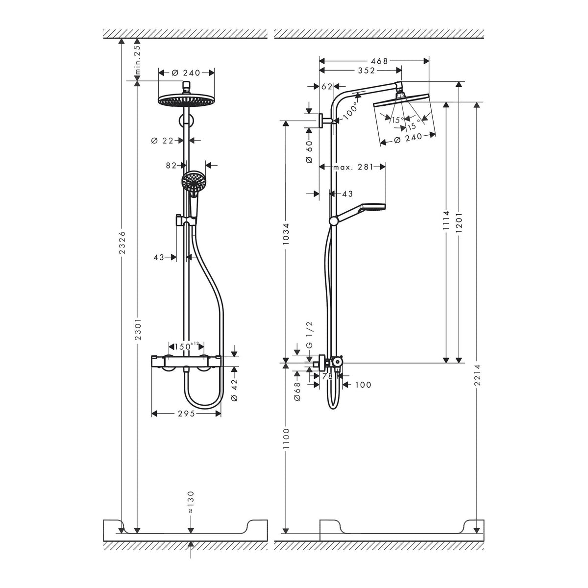 Hansgrohe Crometta S Showerpipe 240 1jet EcoSmart with thermostat 27268000 technical 02.jpg