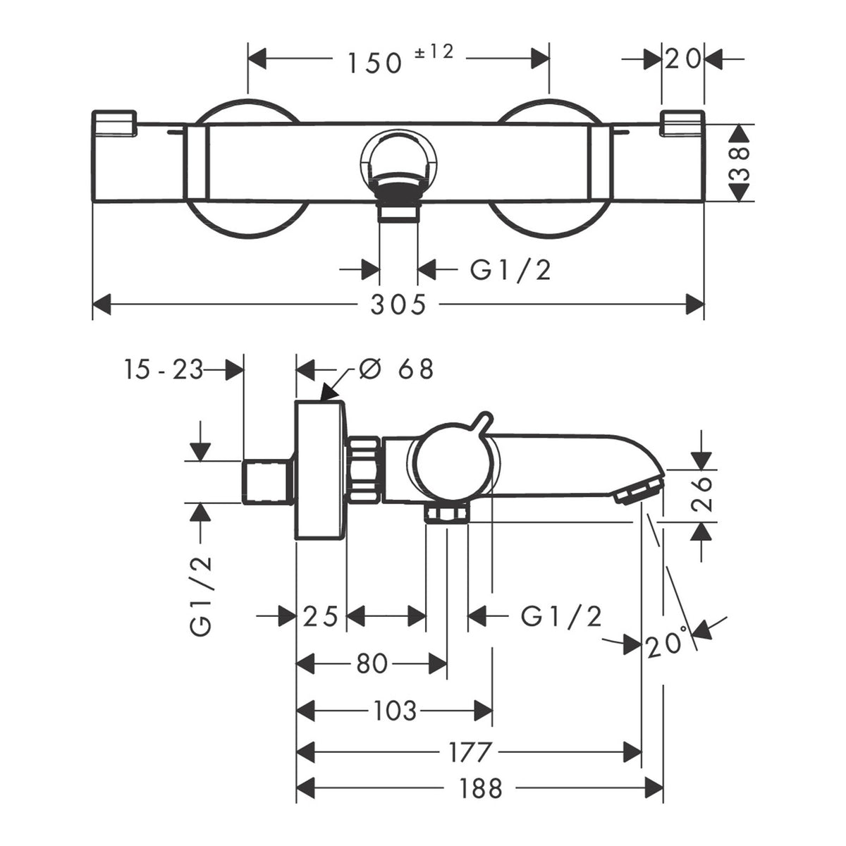 Hansgrohe Ecostat Bath thermostat for exposed installation 13112000 technical 01.jpg
