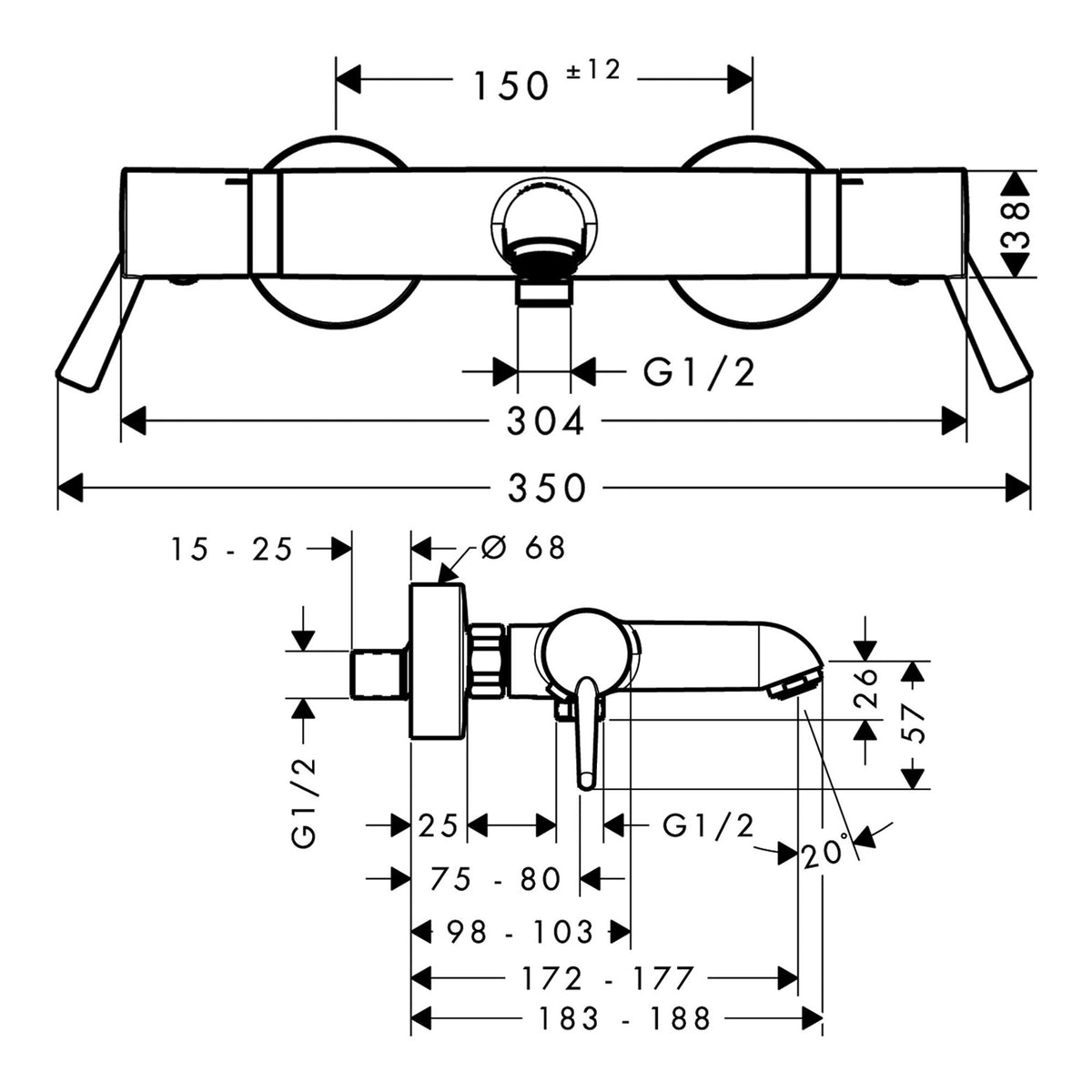 Hansgrohe Ecostat Comfort Bath thermostat Care for exposed installation with extra long handles 13115000 technical 03.jpg
