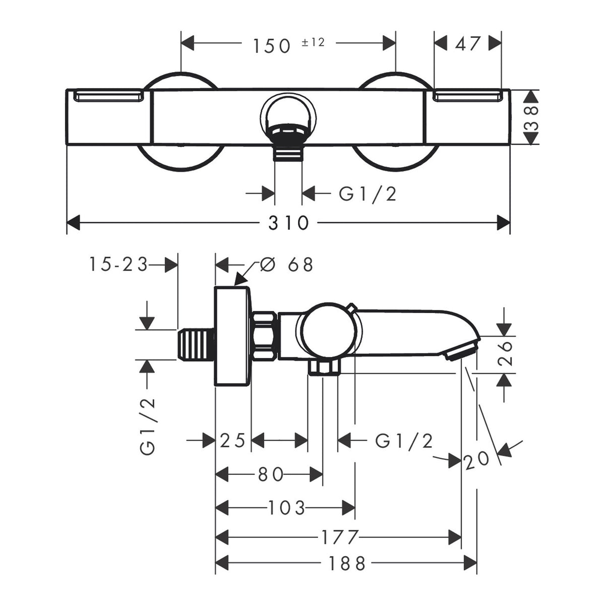 Hansgrohe Ecostat Element Bath thermostat for exposed installation 13347000 technical 01.jpg