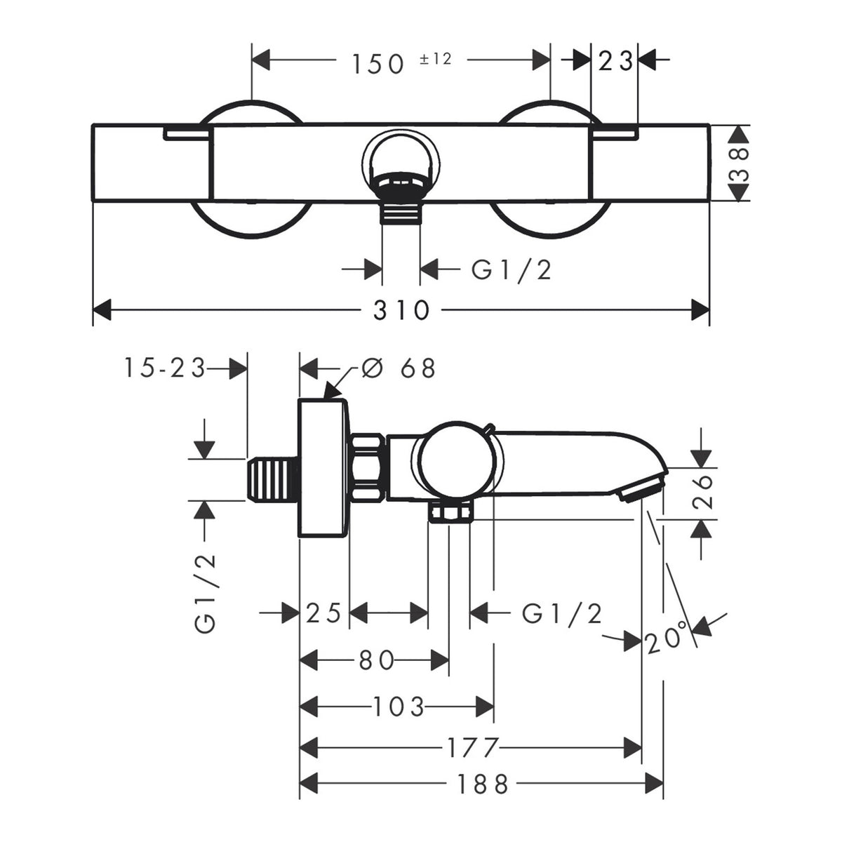 Hansgrohe Ecostat Fine Bath thermostat for exposed installation C3 13327000 technical 01.jpg