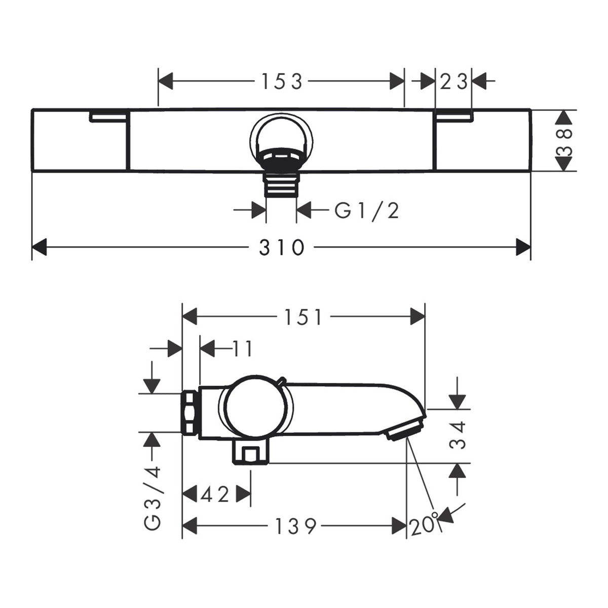 Hansgrohe Ecostat Fine Bath thermostat for exposed installation CH 13329000 technical 01.jpg