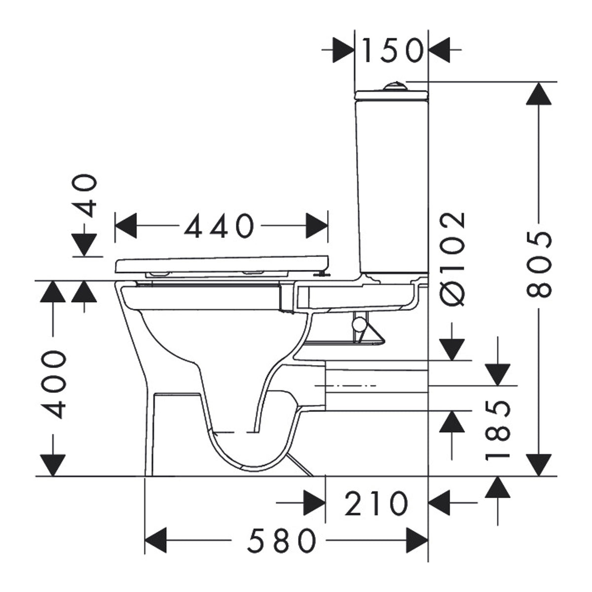 Hansgrohe EluPura Original Q Floorstanding WC Set close coupled with vertical/horizontal outlet, AquaChannel Flush with tank and WC seat and cover Installation Example (side view)