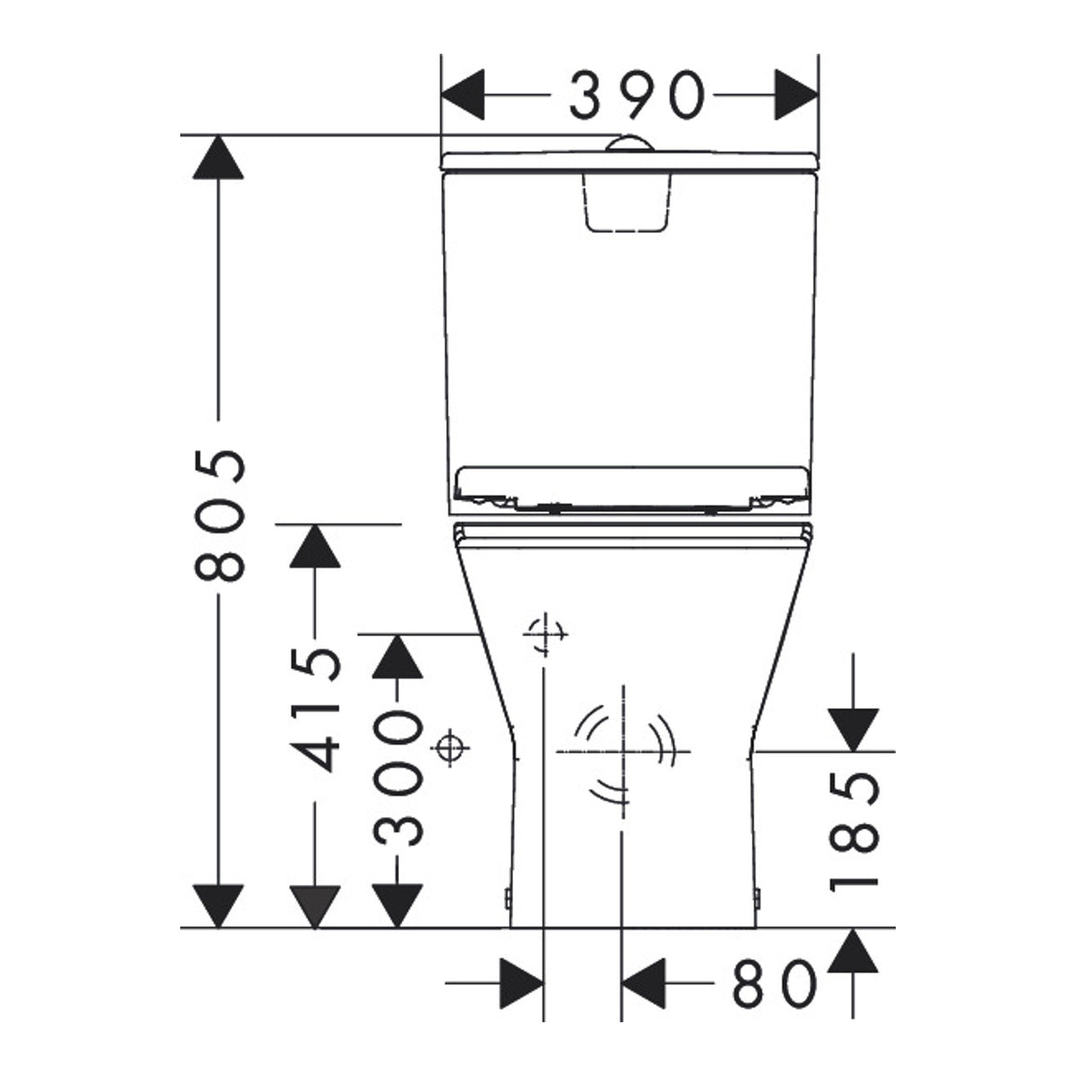 Hansgrohe EluPura Original Q Floorstanding WC Set close coupled with vertical/horizontal outlet, AquaChannel Flush with tank and WC seat and cover Installation Example (front view)