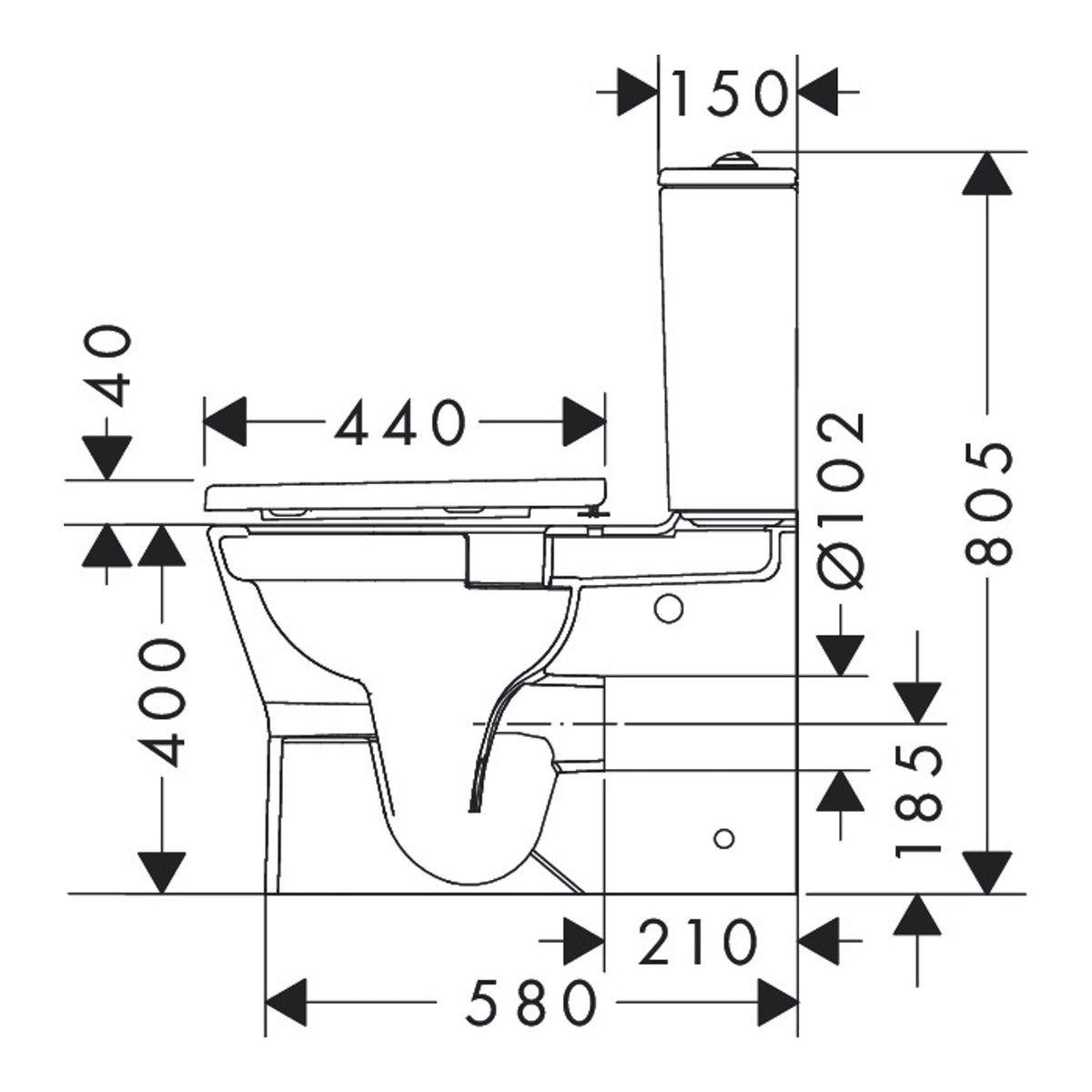 Hansgrohe EluPura Original S Floorstanding WC Set close coupled with vertical/horizontal outlet, AquaChannel Flush with tank and WC seat and cover Installation example