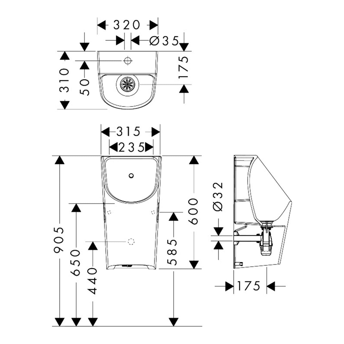 Hansgrohe EluPura Original S Urinal with top water supply and bottom rear outlet rimless HygieneEffect 62049450 technical 01.jpg