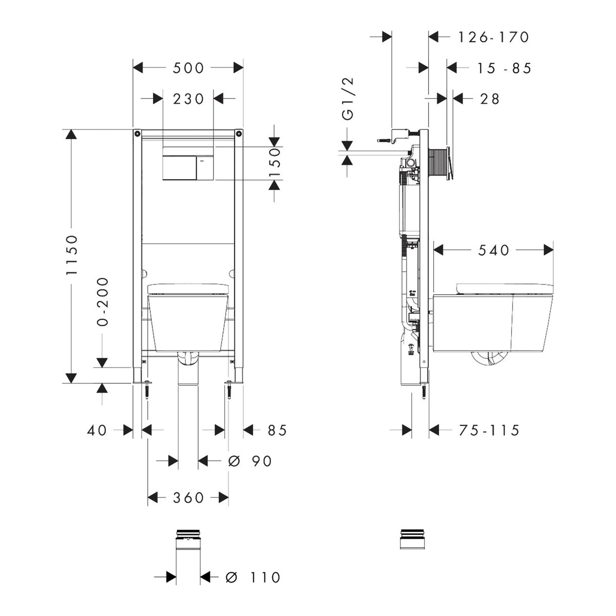 Hansgrohe EluPura S WC Complete Set with iFrame universal concealed cistern and iFrame Element E flush plate Scale drawing / שרטוט מידות