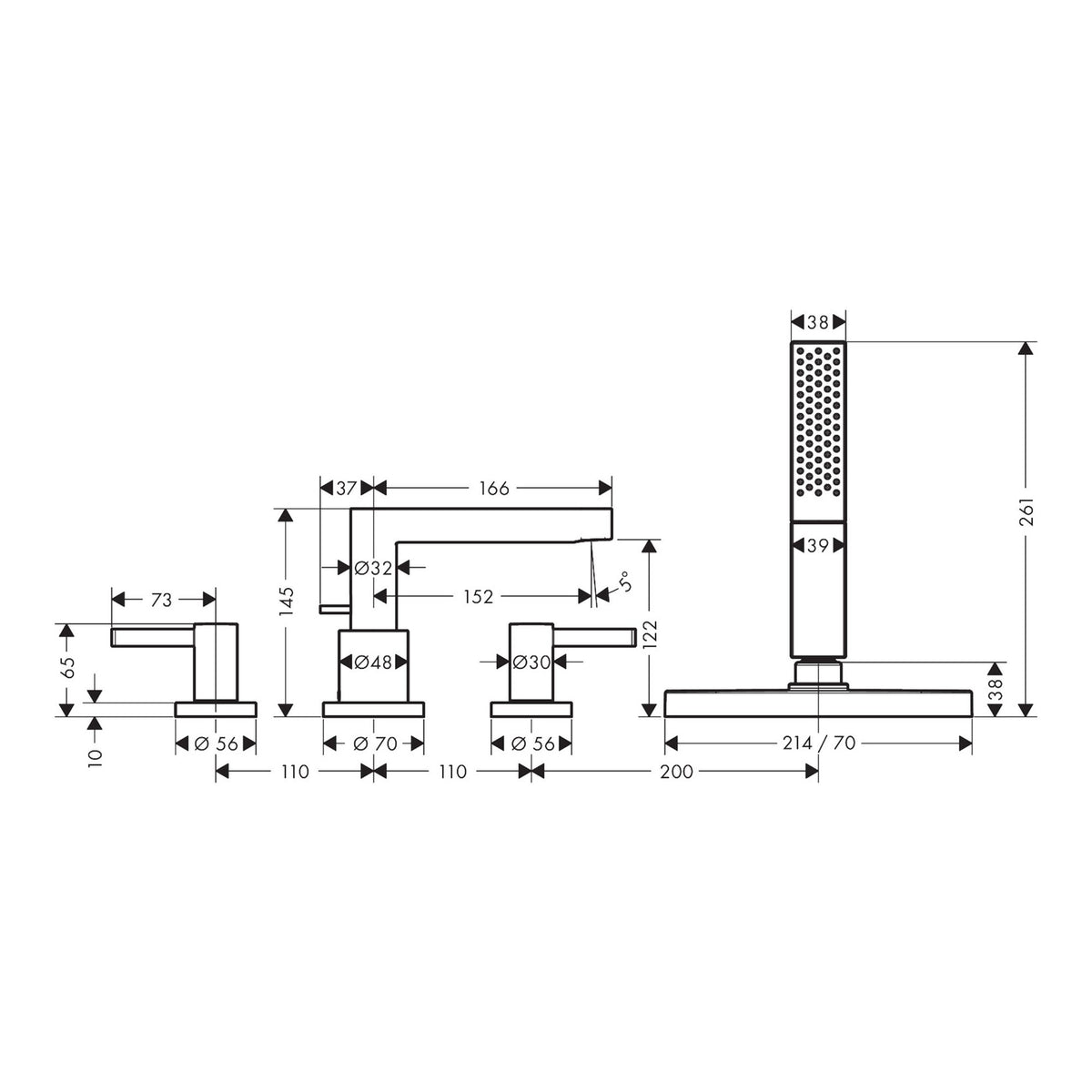 Hansgrohe Finoris 4 hole rim mounted bath mixer with sBox 76444140 technical 01.jpg