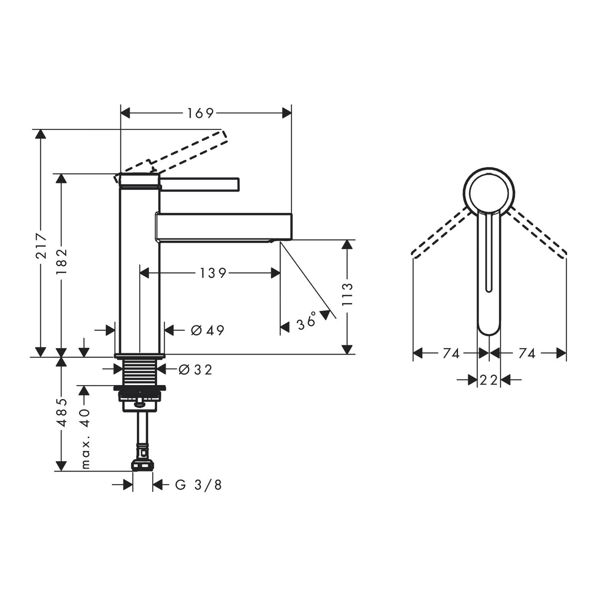 Hansgrohe Finoris Single lever basin mixer 110 with push open waste set 76023000 technical 02.jpg