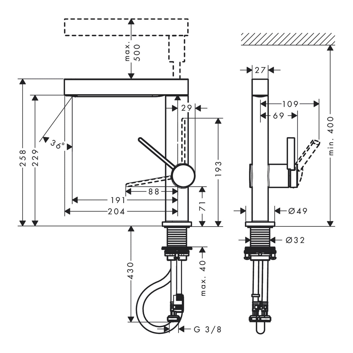 Hansgrohe Finoris Single lever basin mixer 230 with pull out spray 2jet and push open waste set 76063000 technical 01.jpg