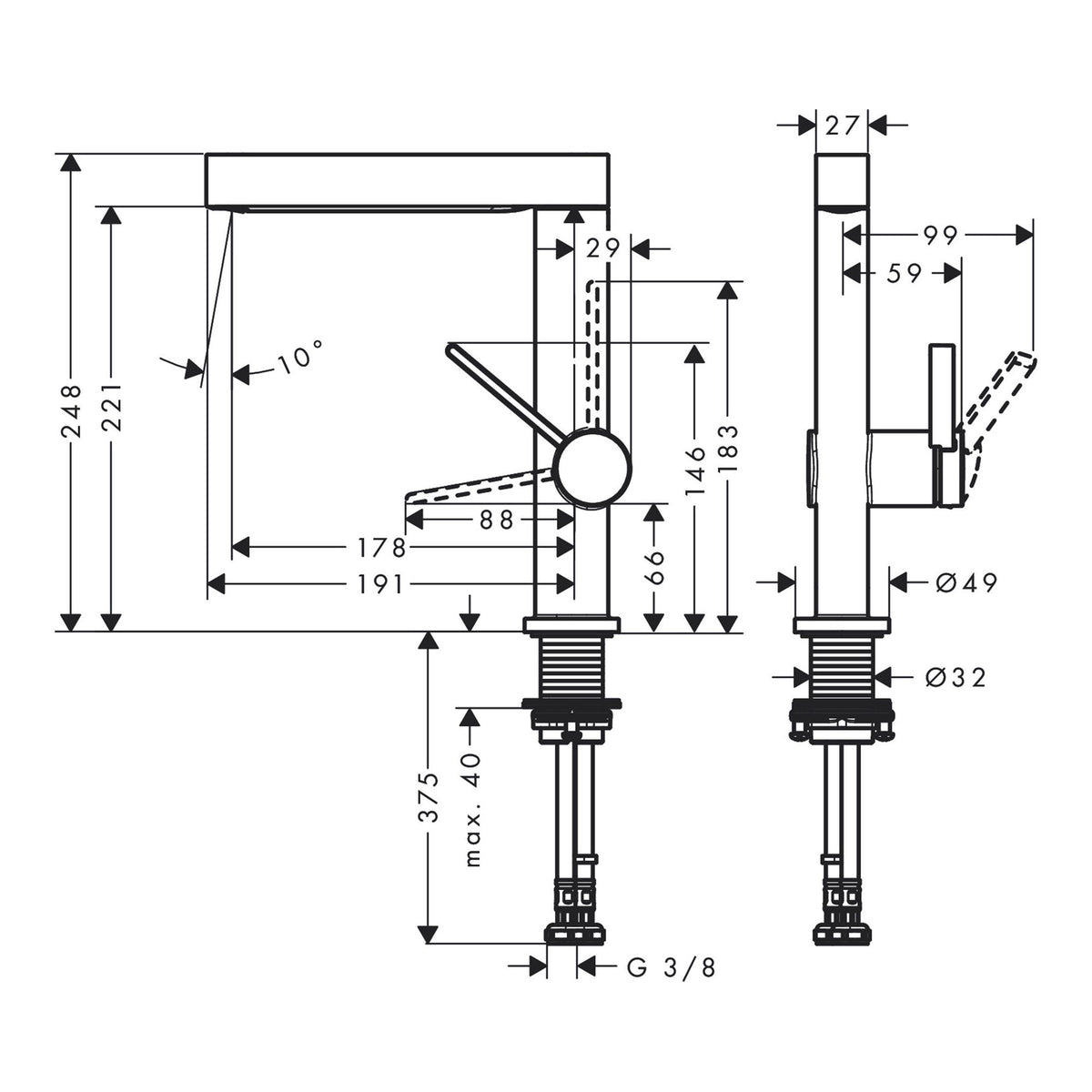 Hansgrohe Finoris Single lever basin mixer 230 with swivel spout and push open waste set 76060000 technical 01.jpg