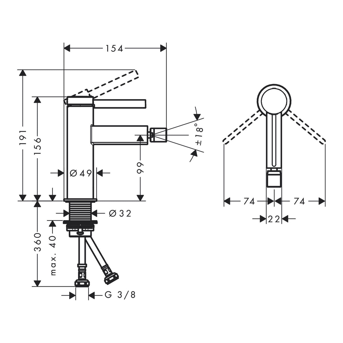 Hansgrohe Finoris Single lever bidet mixer with push open waste set 76200140 technical 01.jpg