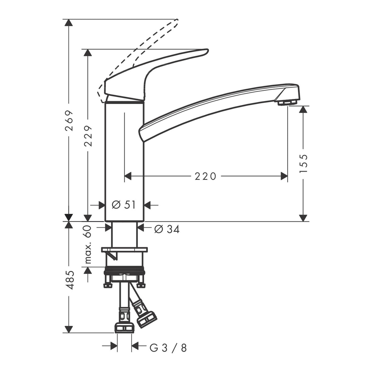 Hansgrohe Focus M41 Single lever kitchen mixer 160 CoolStart EcoSelection 1jet 31816000 technical 02.jpg