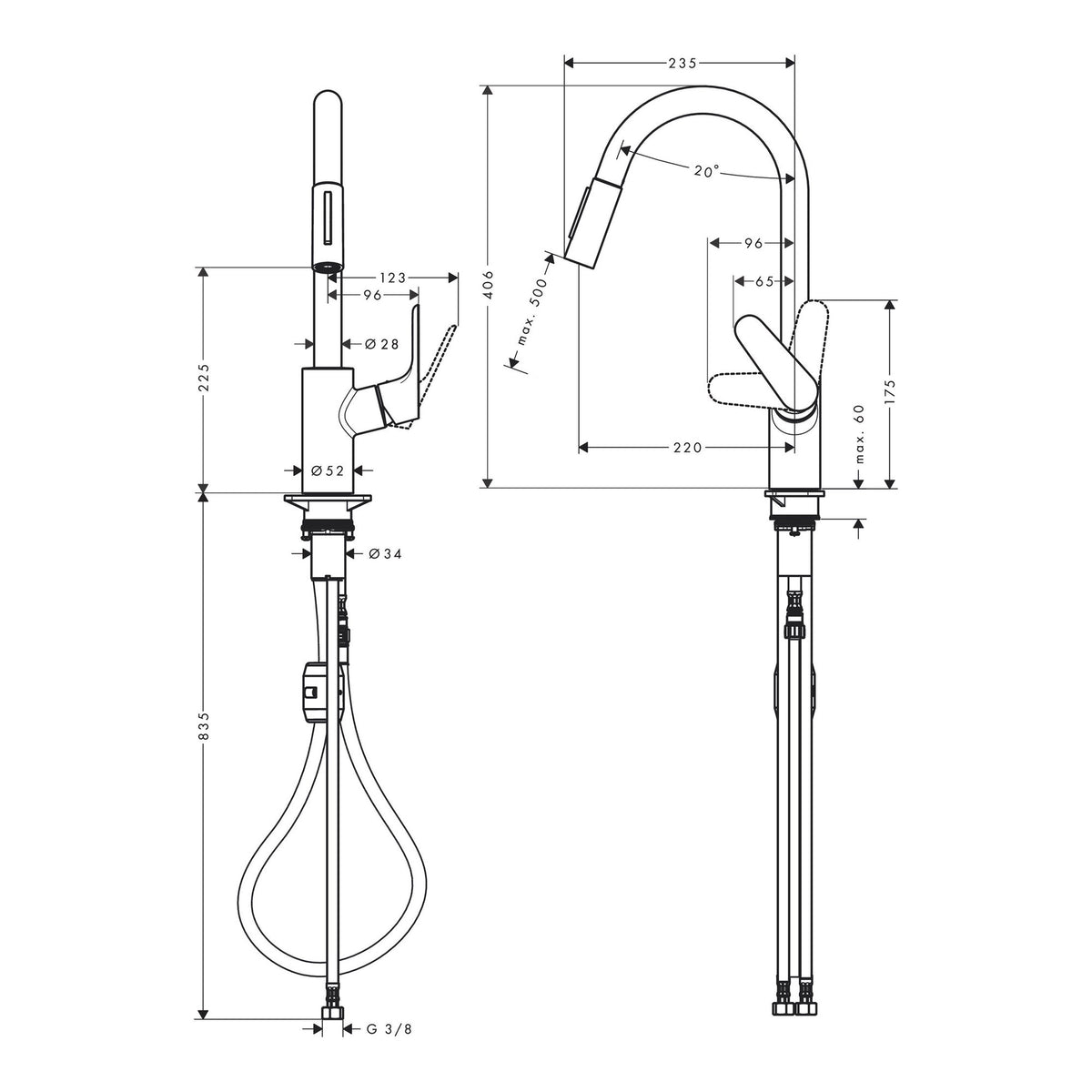 Hansgrohe Focus M41 Single lever kitchen mixer 240 EcoSmart pull out spray 2jet 31833000 technical 01.jpg