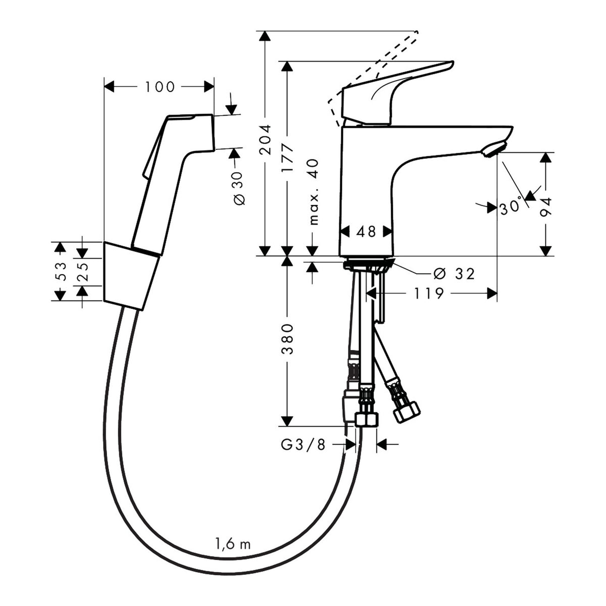 Hansgrohe Focus Single lever basin mixer 100 with bidette hand shower and shower hose 160 cm 31927000 technical 01.jpg