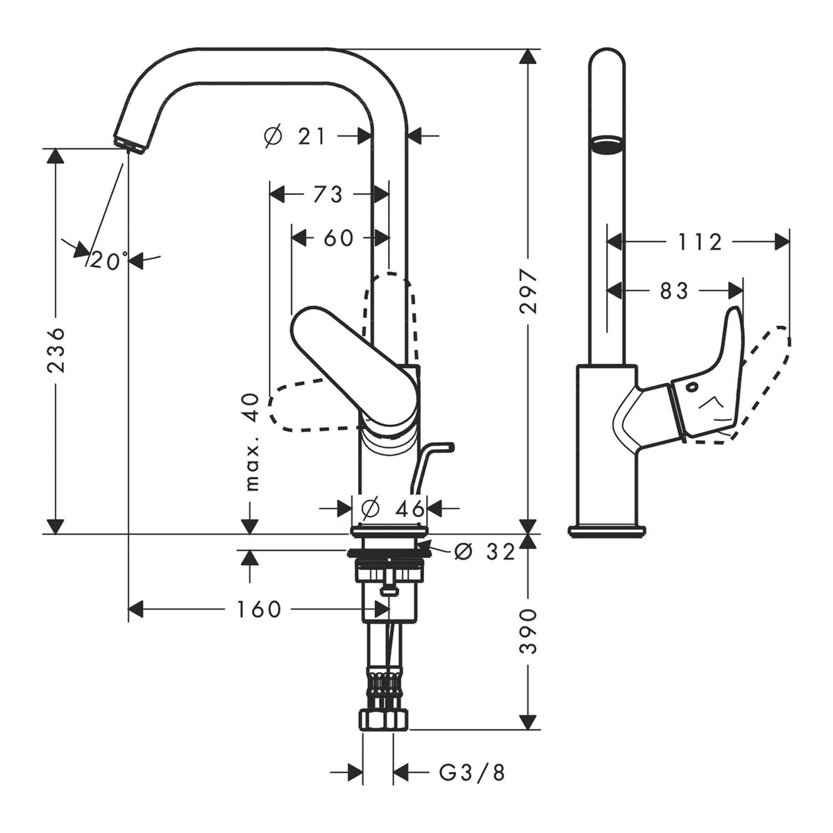 Hansgrohe Focus Single lever basin mixer 240 with swivel spout and pop up waste set 31609000 technical 01.jpg