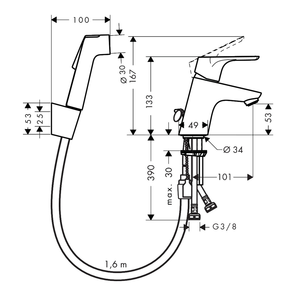 Hansgrohe Focus Single lever basin mixer 70 with bidette hand shower and shower hose 160 cm 31926000 technical 01.jpg