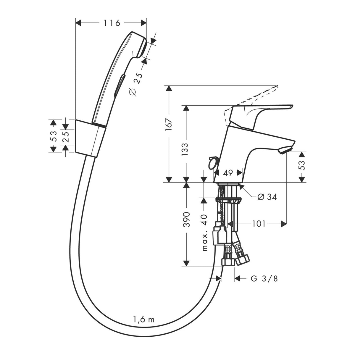 Hansgrohe Focus Single lever basin mixer 70 with bidette hand shower and shower hose 160 cm 31926000 technical 02.jpg