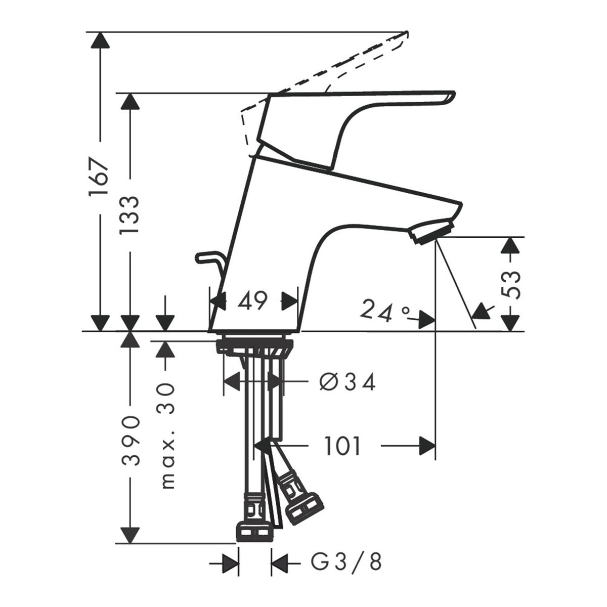 Hansgrohe Focus Single lever basin mixer 70 with pop up waste set 31730000 technical 01.jpg
