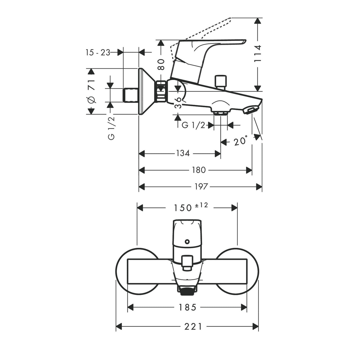 Hansgrohe Focus Single lever bath mixer for exposed installation 31940000 technical 01.jpg