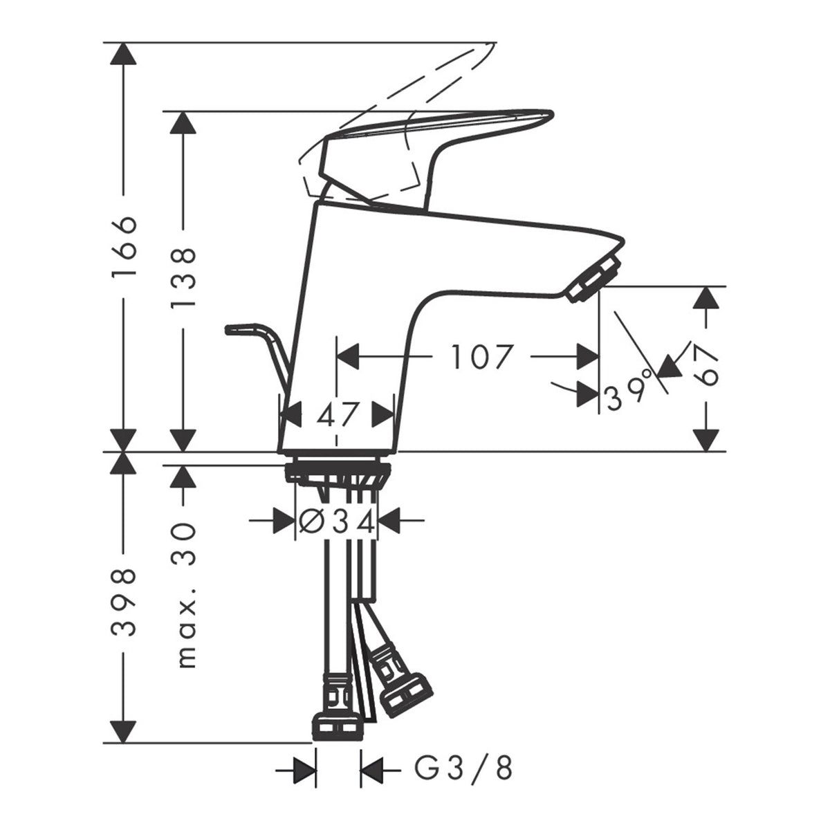 Hansgrohe Logis Single lever basin mixer 70 with pop up waste set 71070000 technical 01.jpg