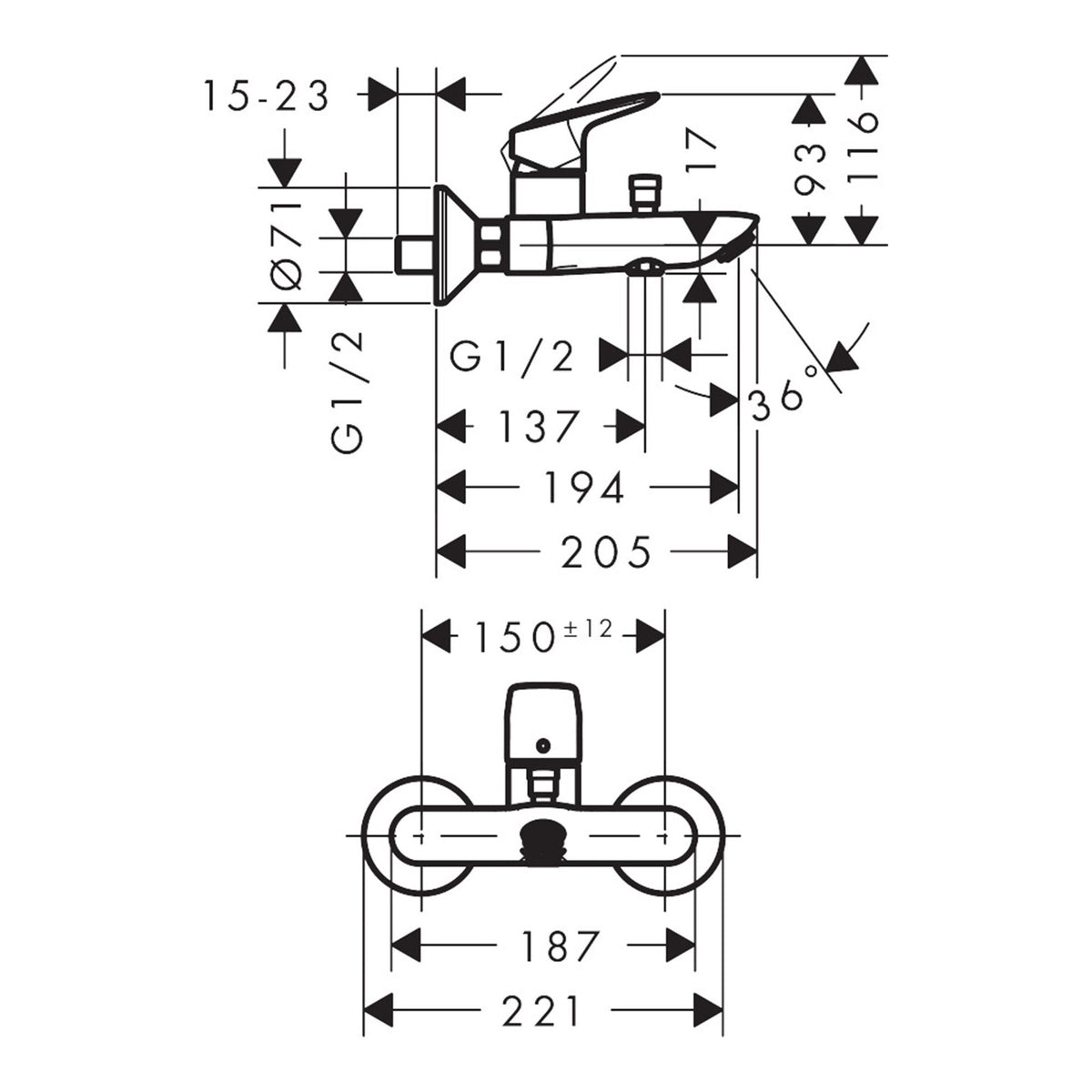 Hansgrohe Logis Single lever bath mixer for exposed installation 71400000 technical 01.jpg