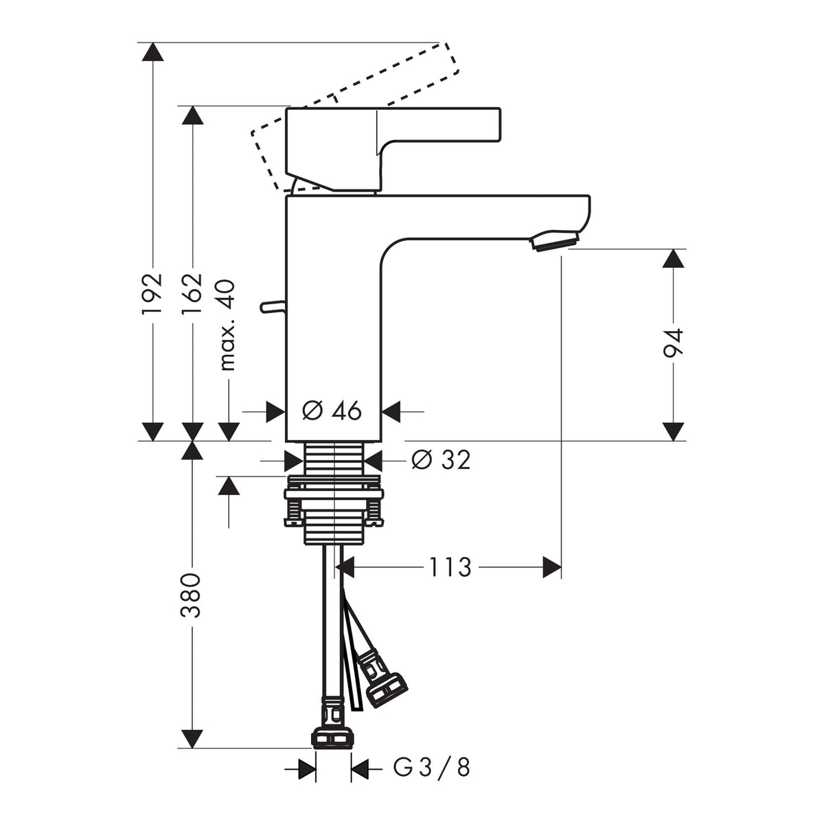 Hansgrohe Metris S Single lever basin mixer 100 with pop-up waste set Scale drawing / שרטוט מידות