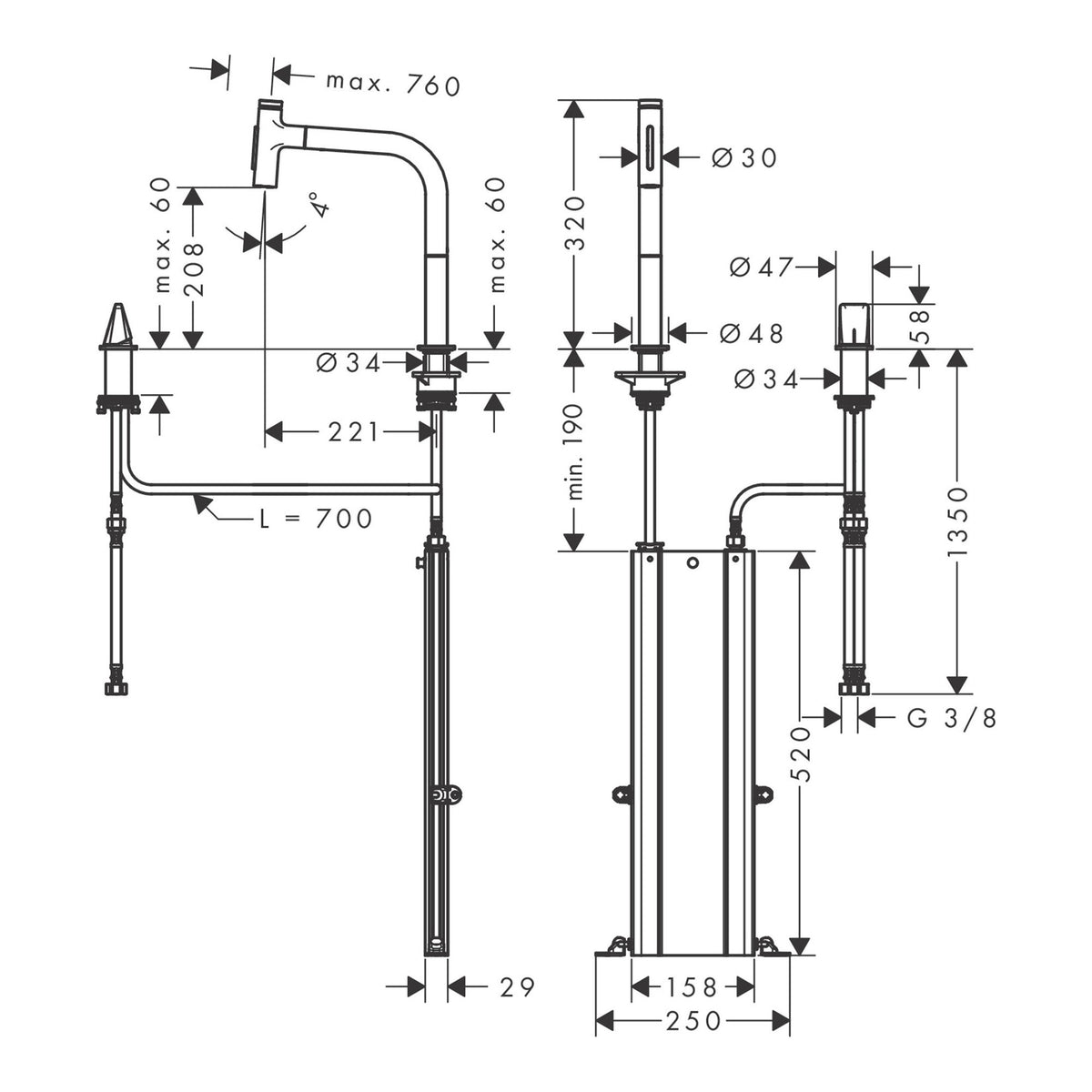 Hansgrohe Metris Select M71 2 hole single lever kitchen mixer 200 pull out spray 2jet sBox 73818000 technical 01.jpg