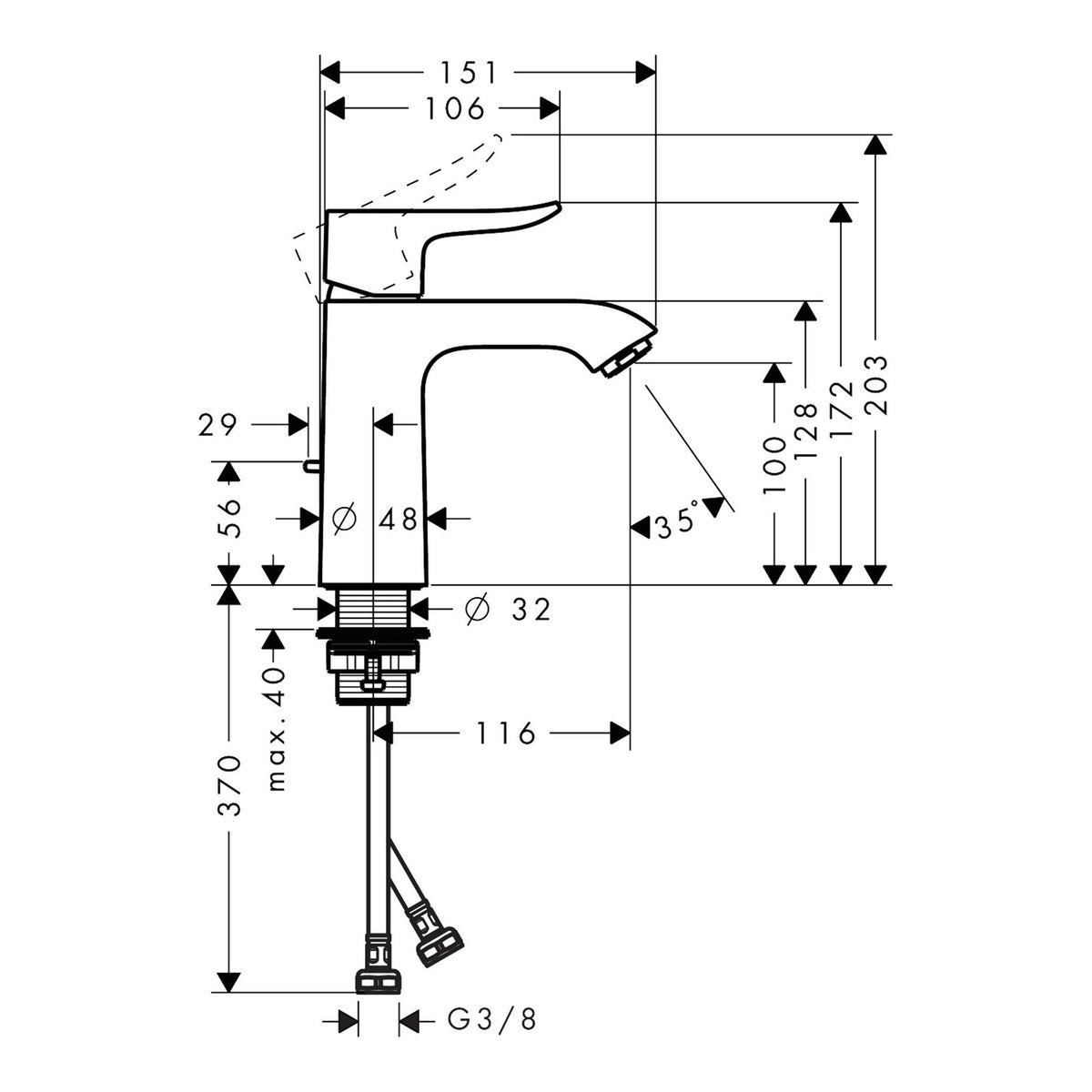 Hansgrohe Metris Single lever basin mixer 110 with pop up waste set 31080000 technical 01.jpg