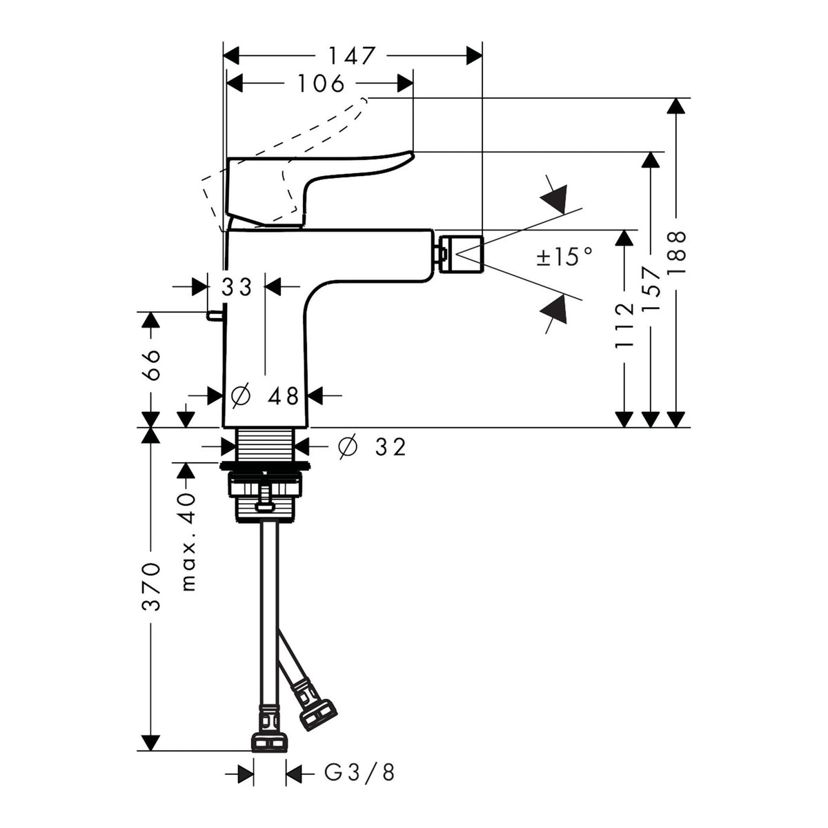 Hansgrohe Metris Single lever bidet mixer with pop up waste set 31280000 technical 01.jpg