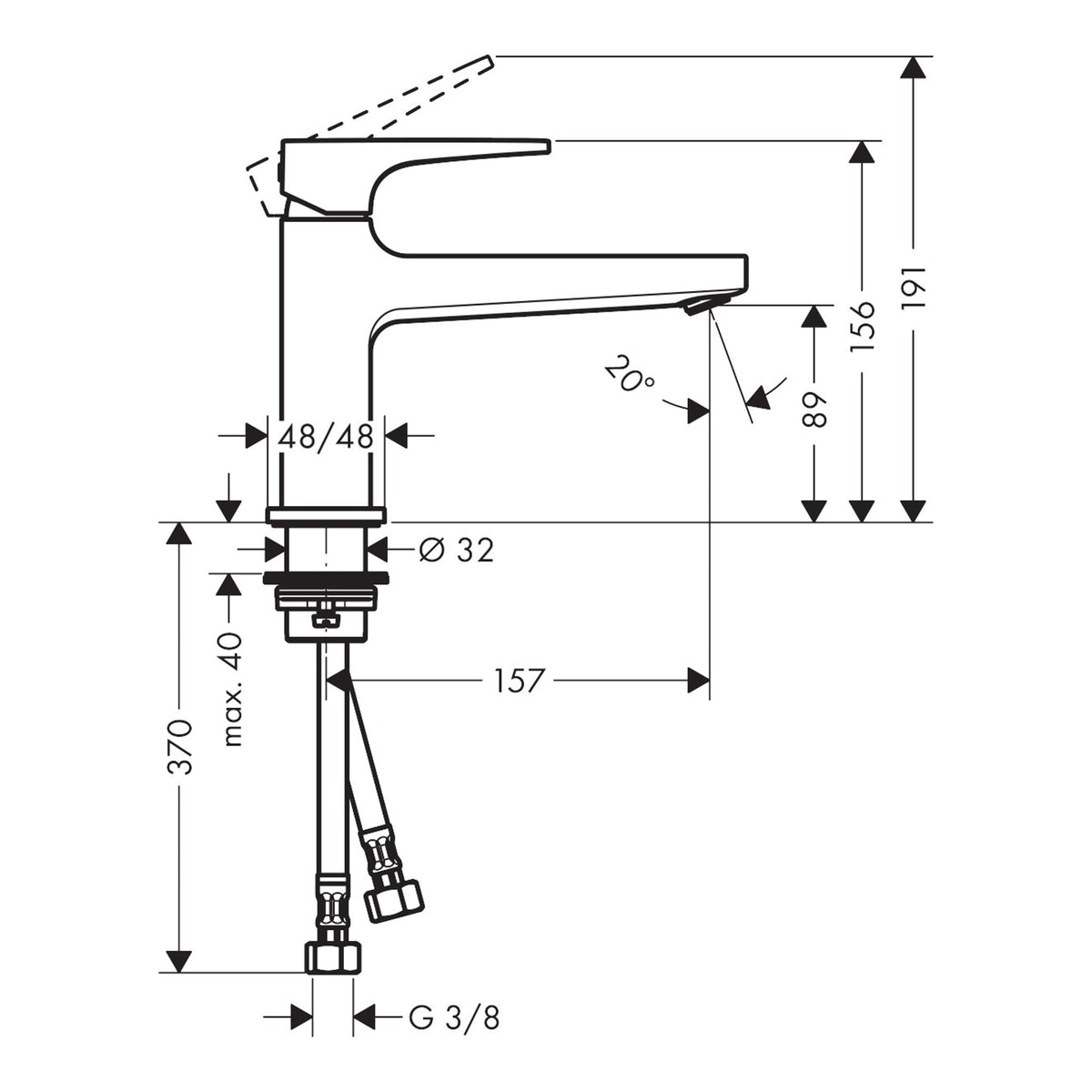 Hansgrohe Metropol Single lever basin mixer 100 CoolStart with lever handle and push open waste set 32503000 technical 02.jpg