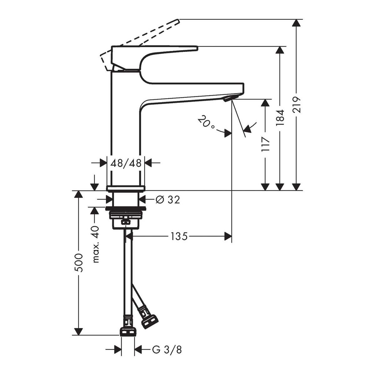 Hansgrohe Metropol Single lever basin mixer 100 CoolStart with lever handle and push open waste set 32507000 technical 01.jpg